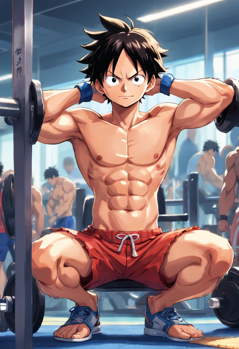 "Detailed illustration of Monkey D. Luffy in gym clothes training hard in bodybuilding gym, Estilo One Piece, There is no distinctive artistic style by Eiichiro Oda, full body Esbian, Piece of art"、Show off your amazing upper body muscles