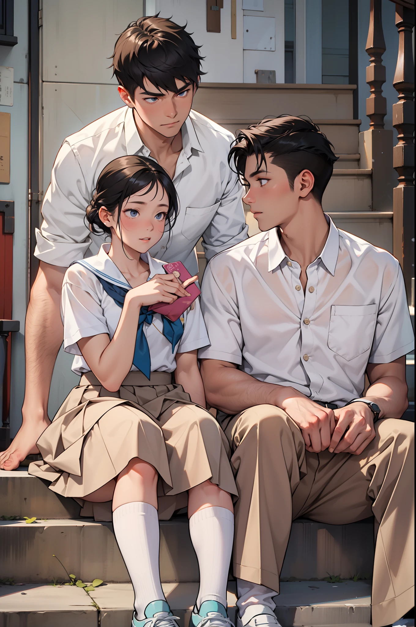 {{Male and female couples}}、Stairs in the house、sit on stairs、Girl in white shirt and tight skirt、The man's icy gaze、Boys' School Uniform