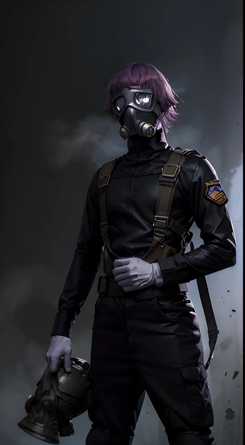 (Stand and pose with your whole body:1.5), Imagen de cuerpo completo Que tengas ropas militar de soldado de combate y tengo una mascarilla de gas ( and his eyes come out well formed also his face and his hands ( que tenga ropa militar (soldado de combate)2.5D Anime realista sus (por el Morado) Crona who is who wears a military combat soldier suit and has a gas mask that the eyes come out well formed that only appears Crona that the eyes and face look malformed the eyes look good