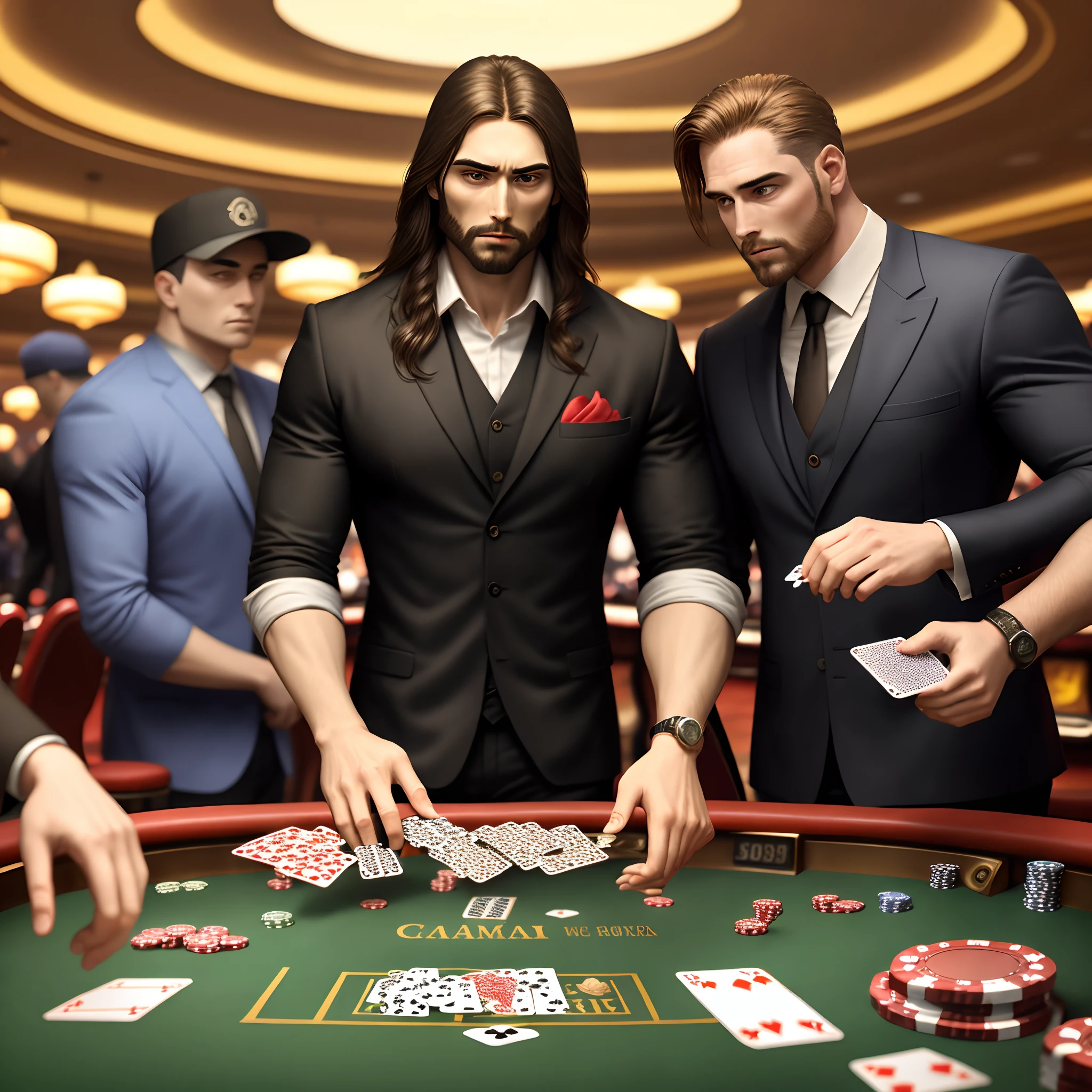 Jesus Christ playing cards in a casino，There are chips on the table，There were also two bodyguards behind him
