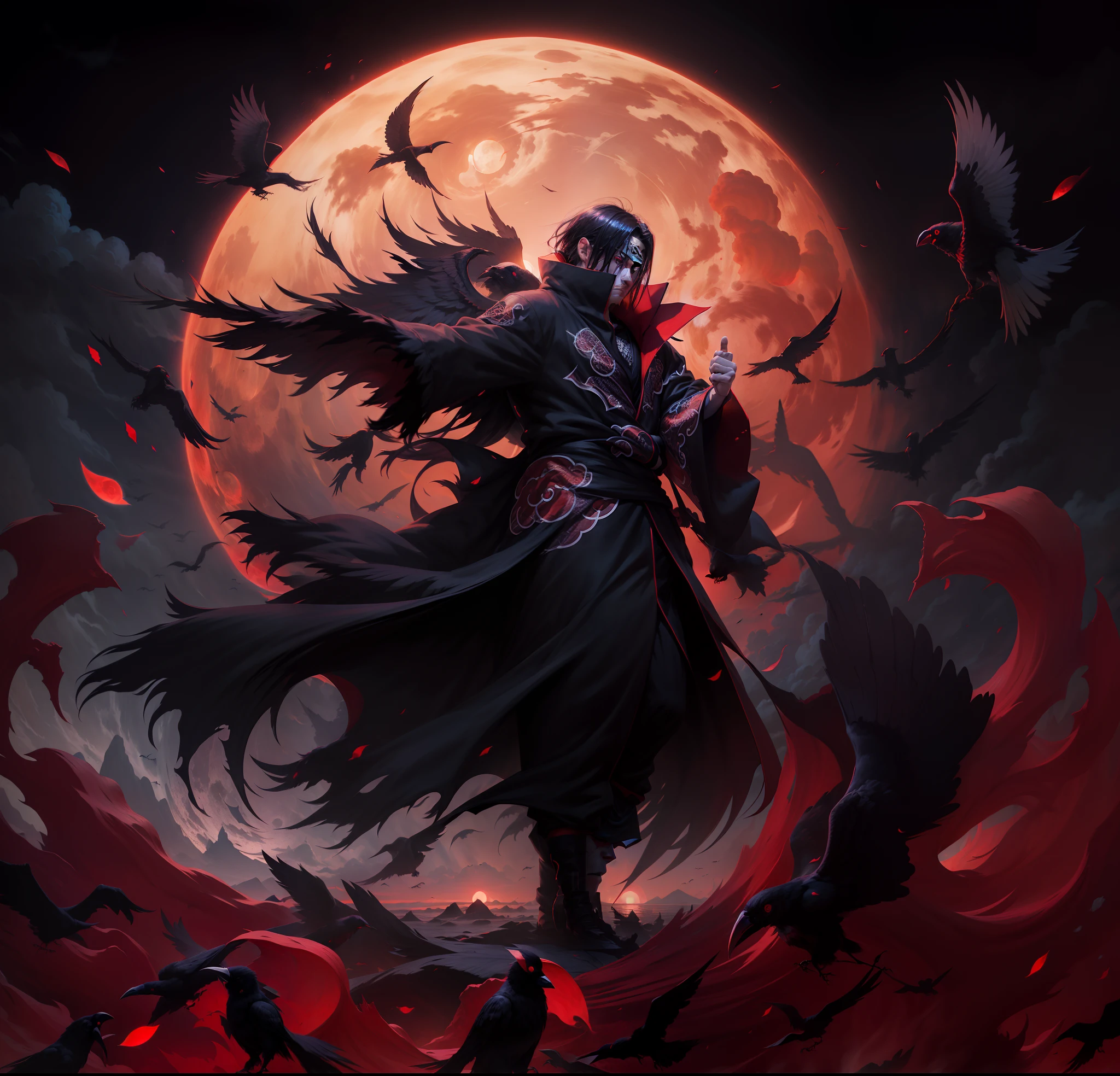 Young man wearing a black cloak of Akatsuki clouds, Uchiha Itachi, itachi, akatsuki akira, Naruto's Itachi Uchiuchiha, epic digital art illustration, shinobi, naruto artstyle, Red moon on background, Red Theme, Long hair, The crows surrounding him、Condescending Sharingan