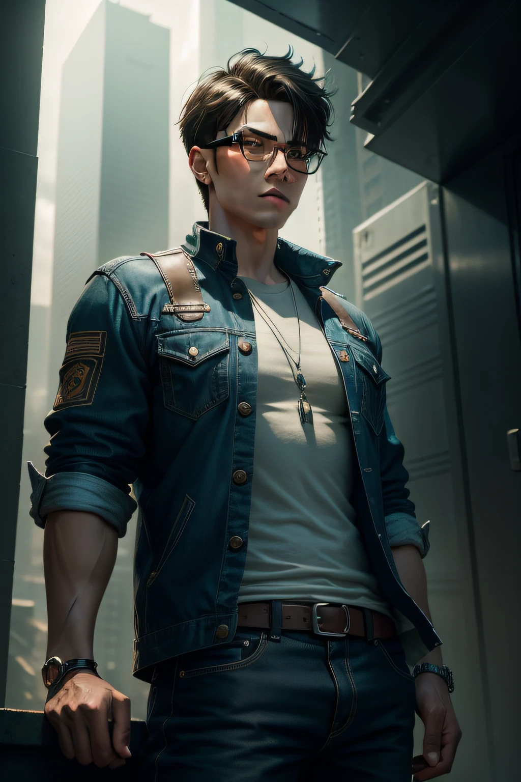 Confident and arrogant young boy, Asia face, The face is resolute, The facial features are handsome and delicate, mid - length hair, brown hair, wears glasses, Wear an earring, Wear a cargo denim shirt on top, Wear khaki cargo pants on the bottom, 【There is one around(Technological mechanical tiger)】, Frontal vista, Set in a city like a jungle of steel, skyscrapper(Tech cool), Overall cyberpunk style, Cyberpunk color grading(Exaggerated tones, The light contrasts strongly), Cinematic texture, Film light and shadow, True vision, high detail, Surrealism, Verism, chiaroscuro, sparkle, from below, atmospheric perspective, cinematic lighting, UHD, super detail, high details, high quality, 4K