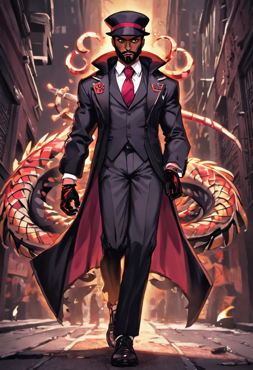 high resolution thick-line fighting game, splash-art character art (((Dark-skinned male))),((Nubian nose ,faded cut, well trimmed beard and mustache:2, black slacks, midnight vest and tie, crimson shirt, red mid - finger gloves, italian shoes and a capone hat with a steel tiger clip on the side, hooded onyx eyes, serpent tattoo in a symbol similar to the ‘Ankh on his forehead, sword in hand,))::10 (immortal, Guild vanguard, Walking a busy festive futuristic street at night and bares a red tattoo of a bold 'R' on his neck. )::4 (masterpiece), high quality, Octane Render, intricate, intricate details, maximalist, highly detailed, finely detailed, ultra-detailed, Rival Schools, Edayn, udon, and Alex "oh8" Ahmed. The two-tone background features an evening sun cascading over a futuristic urban , city
