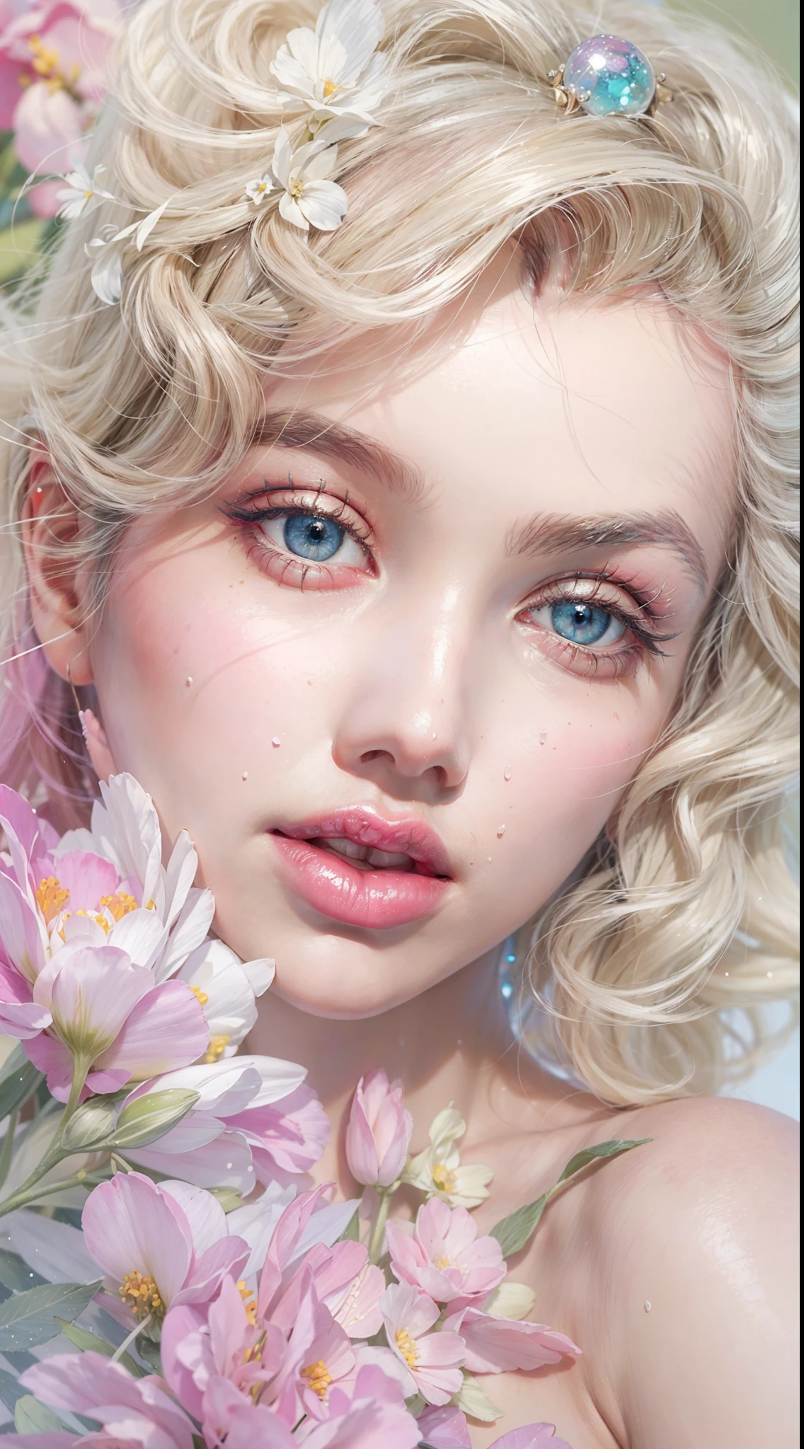 ((masterpiece)). This artwork is sweet, dreamy and ethereal, with soft  pink watercolor hues and candy accents. Generate a delicate and demure fae exploring a (flowers world with a wide variety of pastel shades). Her sweet face is extremely detailed and realistic with elegant features , and looks like ((((Marilyn Monroe)))). Include mature features and stunning, highly realistic eyes. Her eyes are important and should be realistic, highly detailed, and beautiful. In high definition and detail, include lots of details like stars, galaxies, colorful bubbles, and lots of energy and emotion! enhanced details, iridescence, colorful glittering wind. Pay special attention to her face and make sure it is beautifully and realistically detailed. The image should be dreamy and ethereal.8k, intricate, elegant, highly detailed, majestic, digital photography