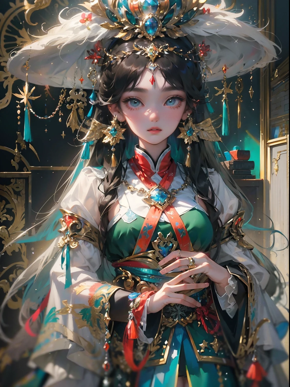 (((Masterpiece))), (((Best quality))), ((Ultra-detailed)),(Highly detailed CG illustration), ((An extremely delicate and beautiful)),Cinematic light, Create stunning fantasy artwork,Fairy fantasy,hoang lap,mito,1girll,Hmong girl in Hmong costume, Hmong,garments、head gear、耳Nipple Ring,8k wallpaper,Solidarity,art stations,High resolution CG