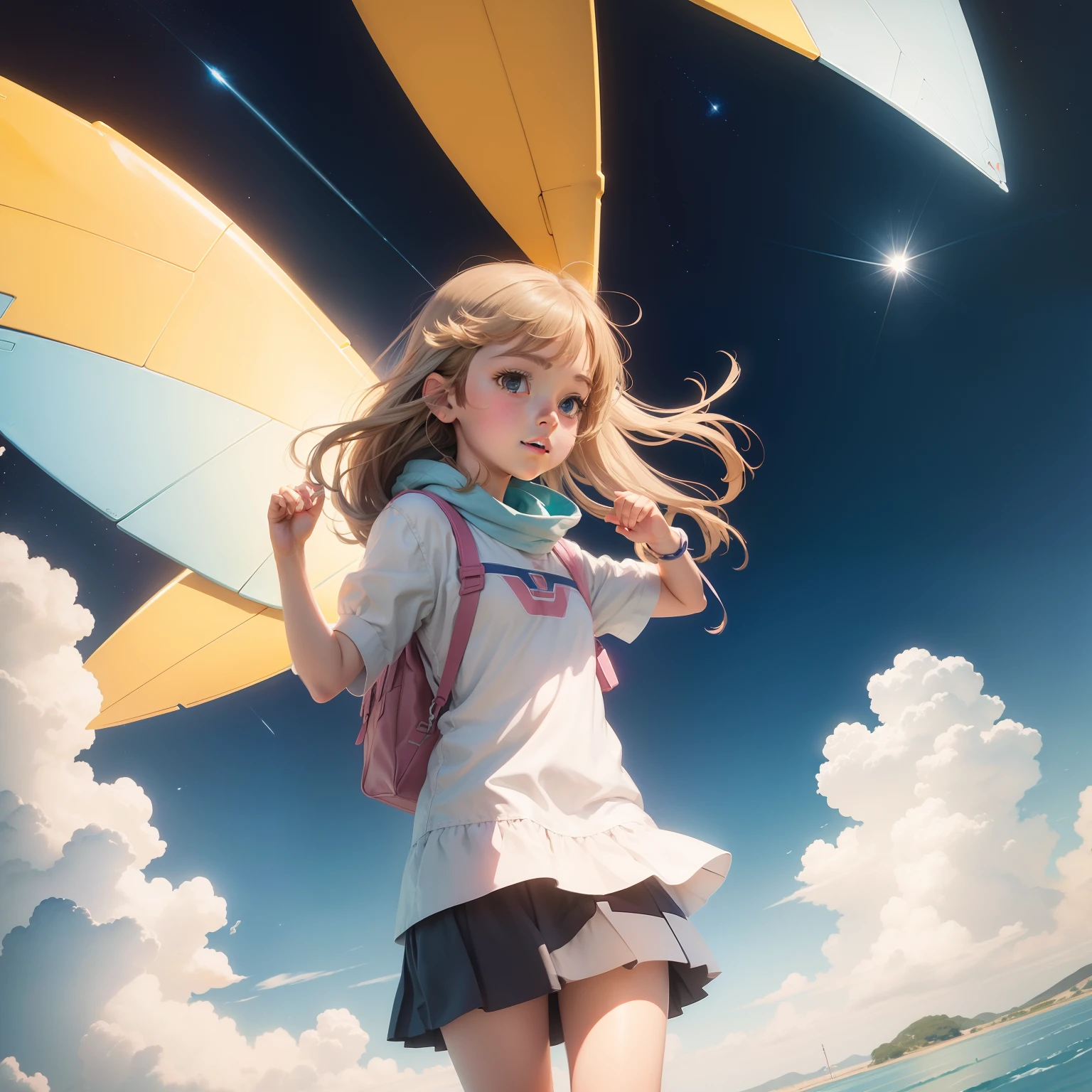 Draw a girl holding the hand of Gundam soaring in the sky in watercolor style