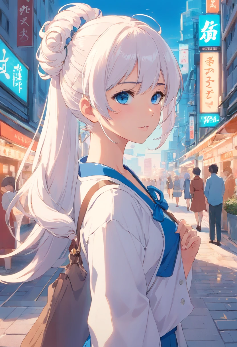 White color hair,Double ponytail curls,blue color eyes,White Lolita,Beth,A bustling city street