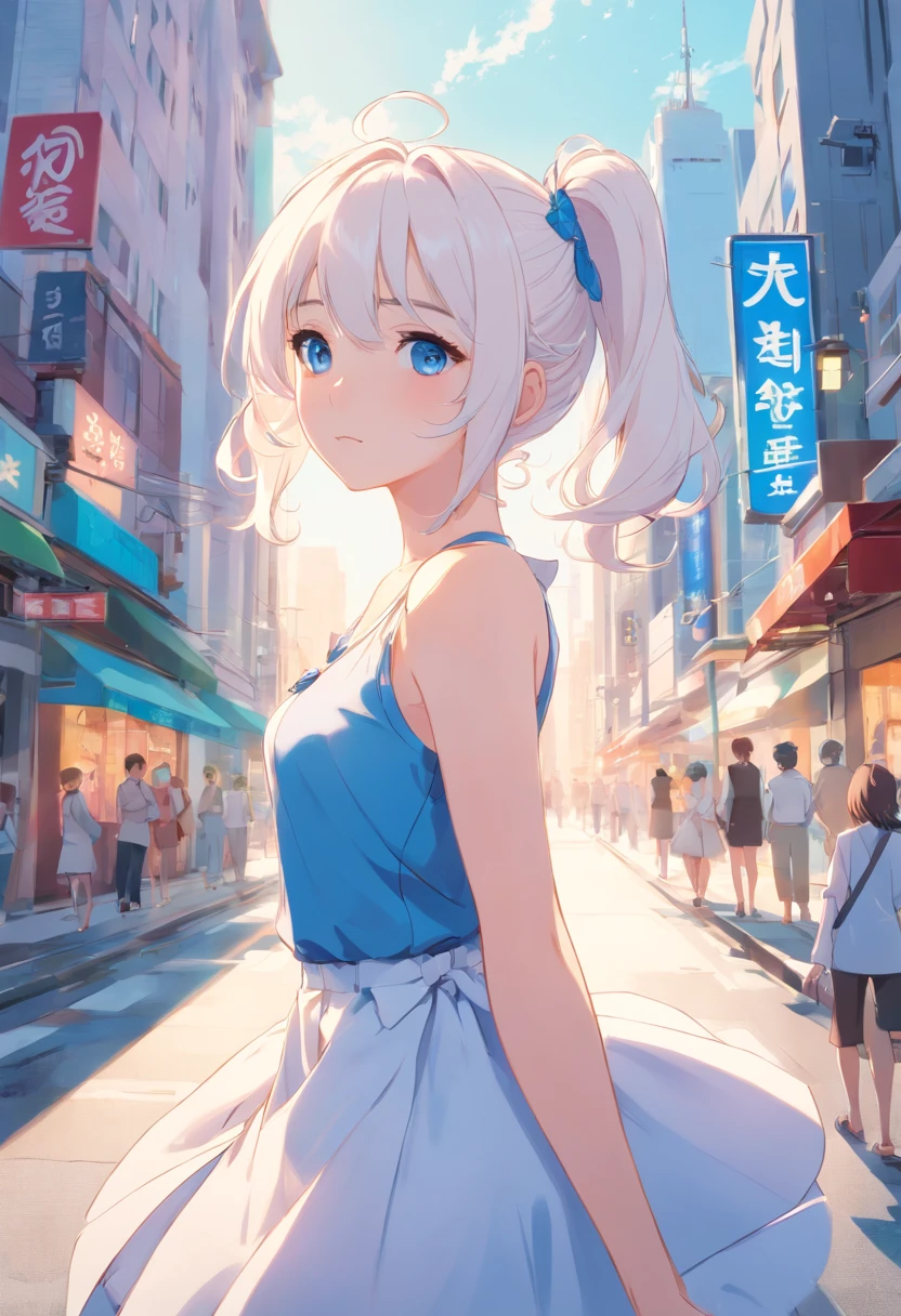 White color hair，Double ponytail curls，blue color eyes，White Lolita，Beth，A bustling city street