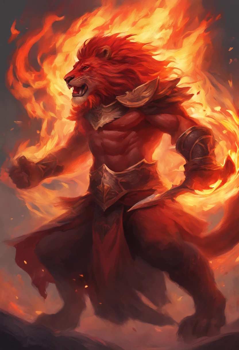 Concept art of a fire, rock, lion rouge character, in attack pose, full render