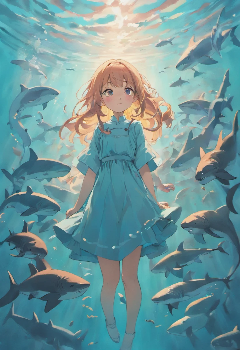 "Elegantly depicts a young girl，Surrounded by a school of mesmerizing sharks, (2 sharks),Like an elegant and tranquil Japanese ink painting."