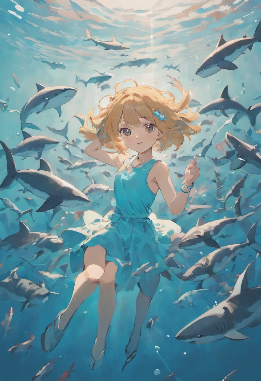 "Elegantly depicts a young girl，Surrounded by a school of mesmerizing sharks, (2 sharks),Like an elegant and tranquil Japanese ink painting."