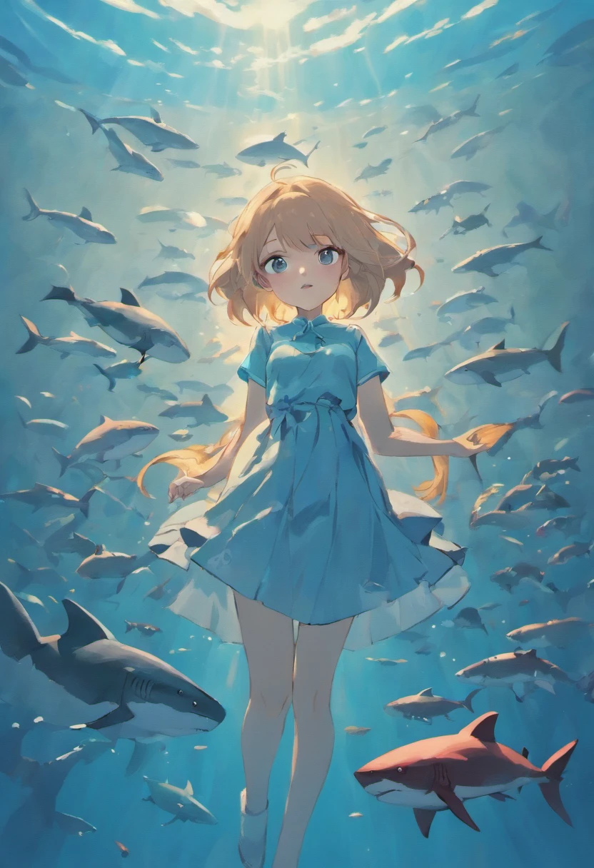 "Elegantly depicts a young girl,Surrounded by a school of mesmerizing sharks, (2 sharks),Like an elegant and tranquil Japanese ink painting."