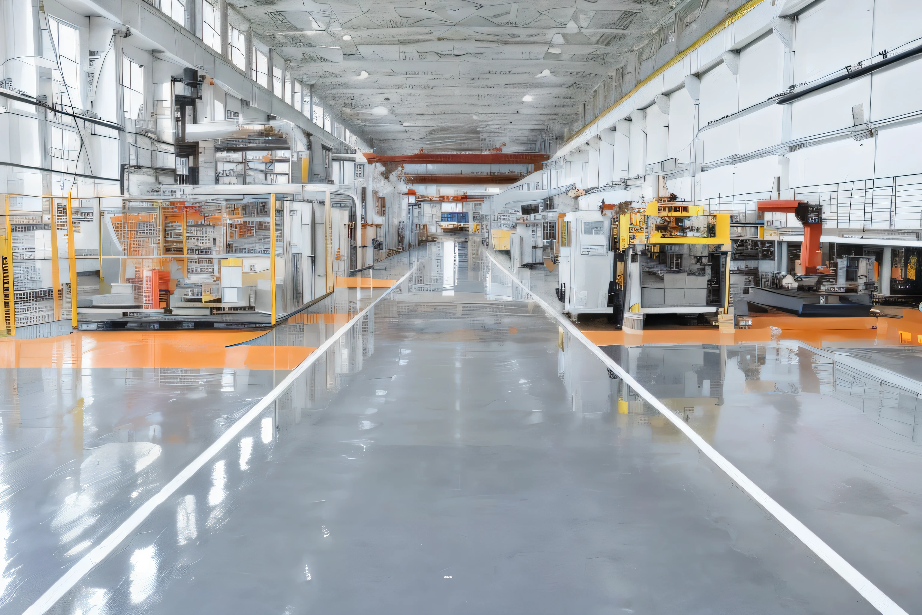 Spacious lithium battery factory workshop, Reflective floor, industrial factory, Factory background,, manufacturing, Power lithium battery factory, interior of a huge robot factory, Open shiny floor, Spacious aisle,Fixed palletizer