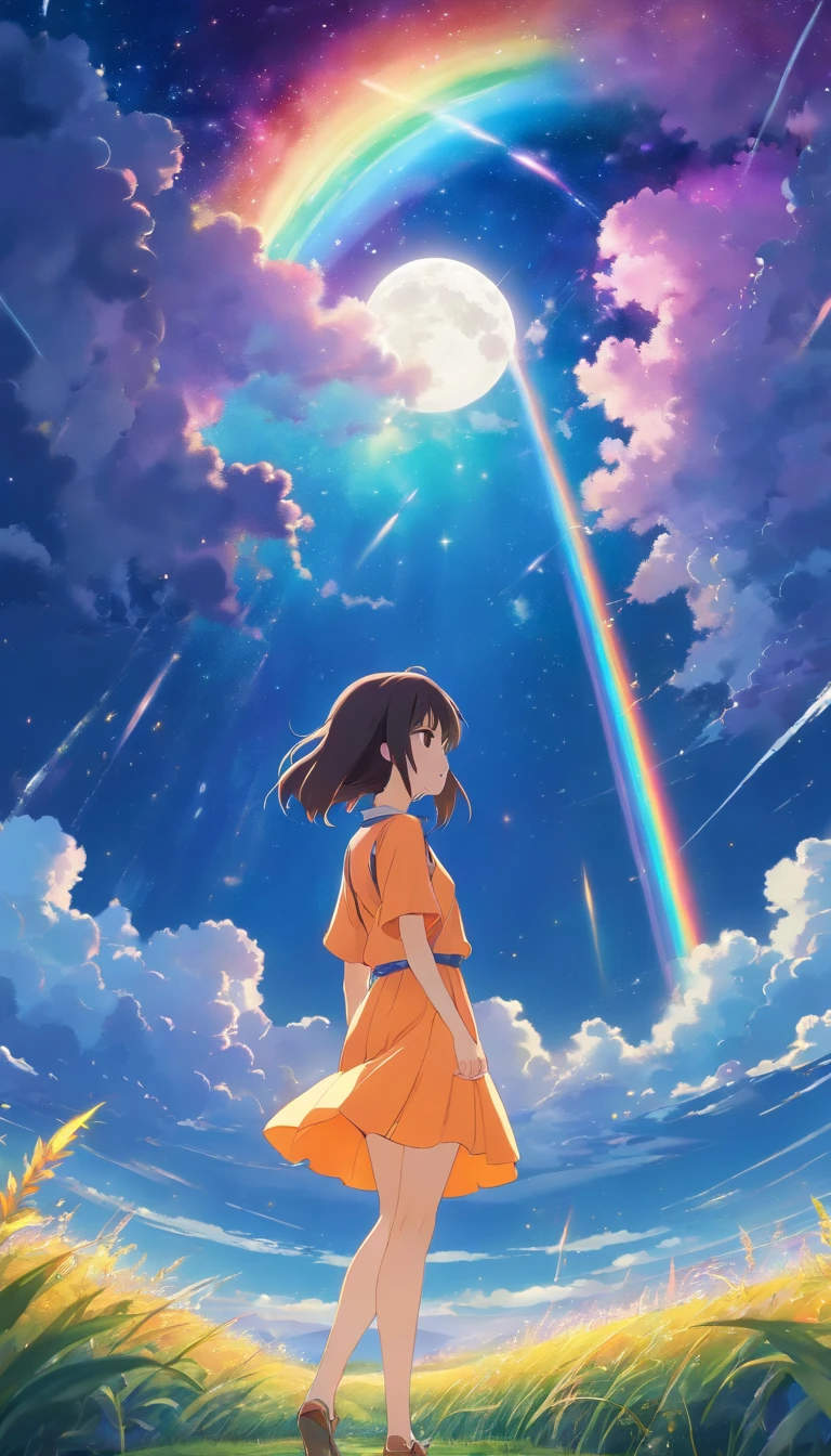 A wide landscape photo, (viewed from below, the sky is above, and the open field is below), a girl standing on a flower field looking up, (full moon: 1.2), (meteor: 0.9), (nebula: 1.3), distant mountains , Trees BREAK Crafting Art, (Warm Light: 1.2), (Firefly: 1.2), Lights, Lots of Purple and Orange, Intricate Details, Volumetric Lighting BREAK (Masterpiece: 1.2), (Best Quality), 4k, Ultra Detailed, (Dynamic Composition: 1.4), Rich in Detail and Color, (Rainbow Color: 1.2), (Glow, Atmospheric Lighting), Dreamy, Magical, (Solo: 1.2)