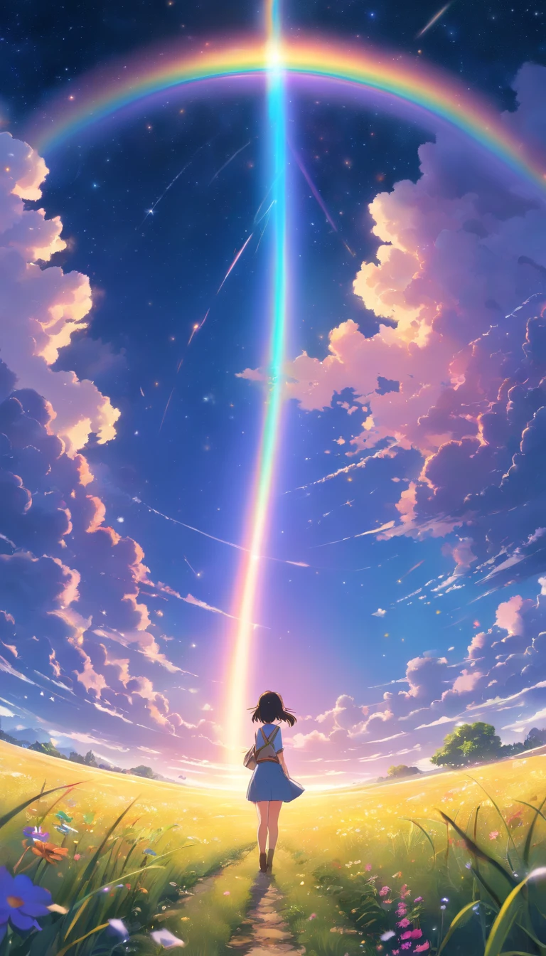 A wide landscape photo, (viewed from below, the sky is above, and the open field is below), a girl standing on a flower field looking up, (full moon: 1.2), (meteor: 0.9), (nebula: 1.3), distant mountains , Trees BREAK Crafting Art, (Warm Light: 1.2), (Firefly: 1.2), Lights, Lots of Purple and Orange, Intricate Details, Volumetric Lighting BREAK (Masterpiece: 1.2), (Best Quality), 4k, Ultra Detailed, (Dynamic Composition: 1.4), Rich in Detail and Color, (Rainbow Color: 1.2), (Glow, Atmospheric Lighting), Dreamy, Magical, (Solo: 1.2)