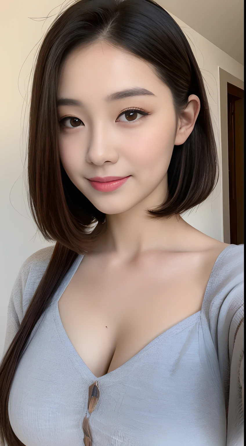 blush a little and smile, (Top quality masterpiece:1.2) Delicate illustrations, Very detailed, /Beautiful Japanese Women、1 person,Very cute and slim、Great style 、((8k images、super high quality))、Very delicate face, Skin and Hair、Big Breasts、beautifule forehead、Red lipstick、(((((short hair、Light brown hair、lure))))),Very cute Japanese cut face、Eyes and nose are clearly visible、Kind eyes,((((White camisole))))