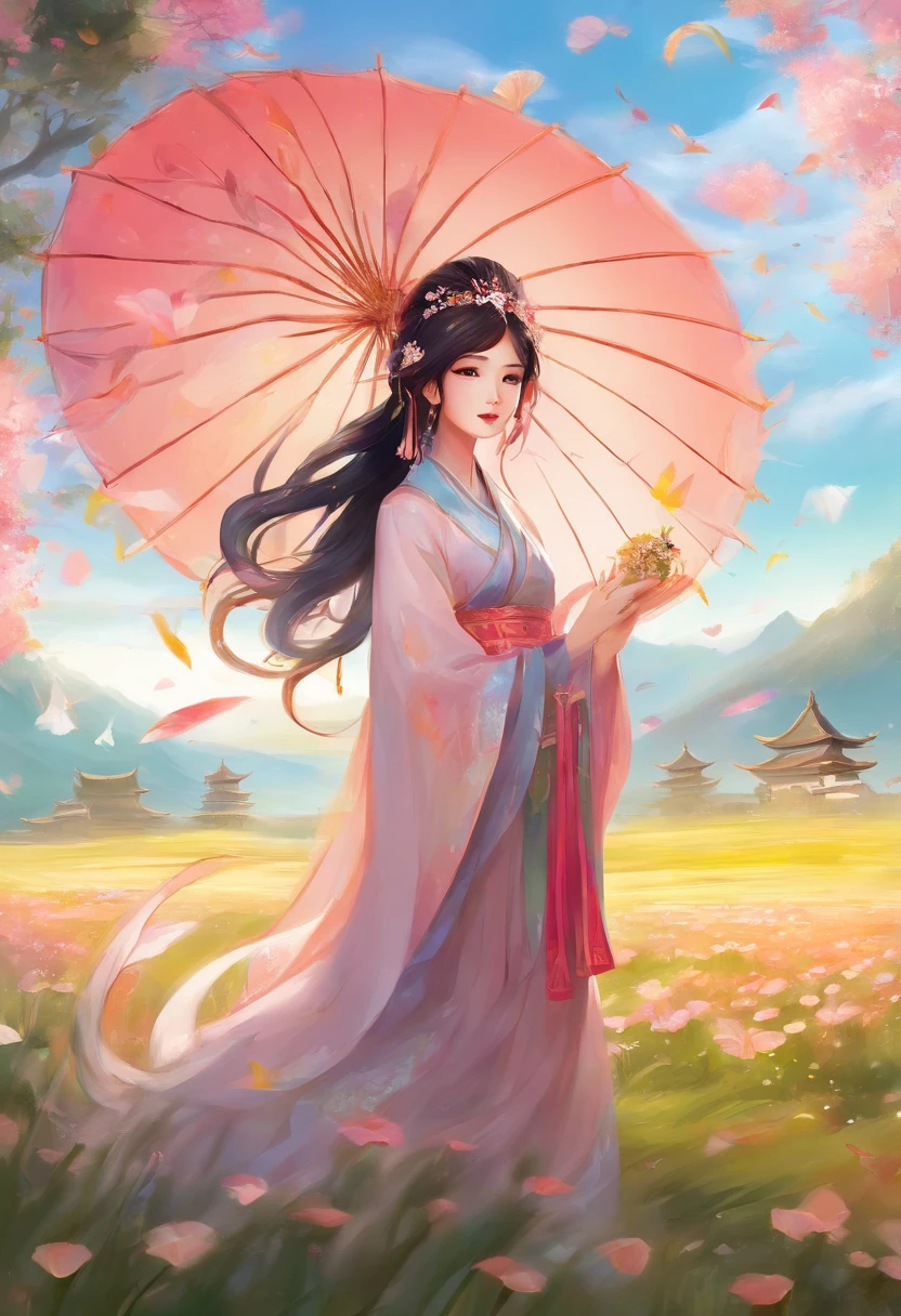 clear and bright，umbrellas，Wine house，willowy，on a grassy field，Egg，Wearing Chinese Han Dynasty costumes，Chinese fairy with loose black hair