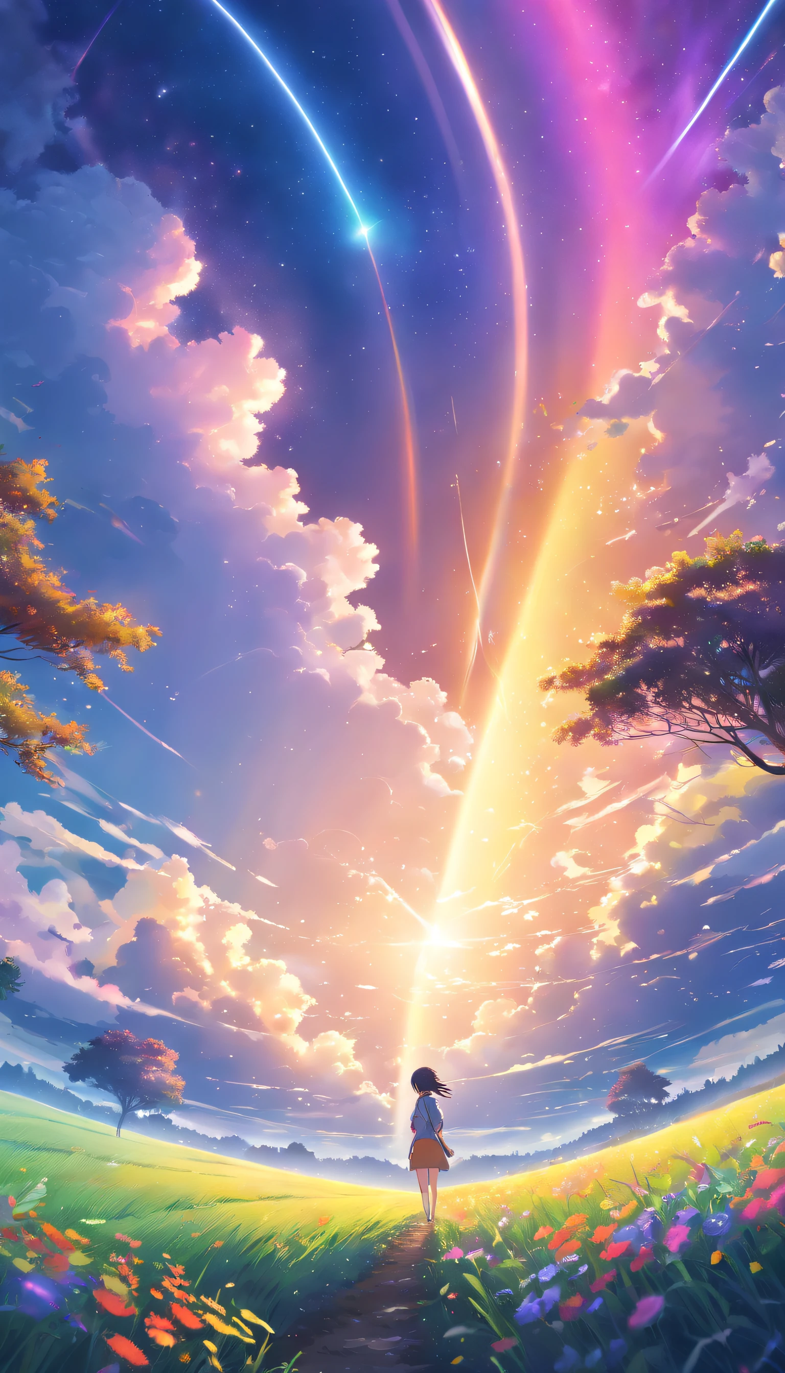A wide landscape photo, (viewed from below, the sky is above, and the open field is below), a girl standing on a flower field looking up, (full moon: 1.2), (meteor: 0.9), (nebula: 1.3), distant mountains , Trees BREAK Crafting Art, (Warm Light: 1.2), (Firefly: 1.2), Lights, Lots of Purple and Orange, Intricate Details, Volumetric Lighting BREAK (Masterpiece: 1.2), (Best Quality), 4k, Ultra Detailed, (Dynamic Composition: 1.4), Rich in Detail and Color, (Rainbow Color: 1.2), (Glow, Atmospheric Lighting), Dreamy, Magical, (Solo: 1.2)