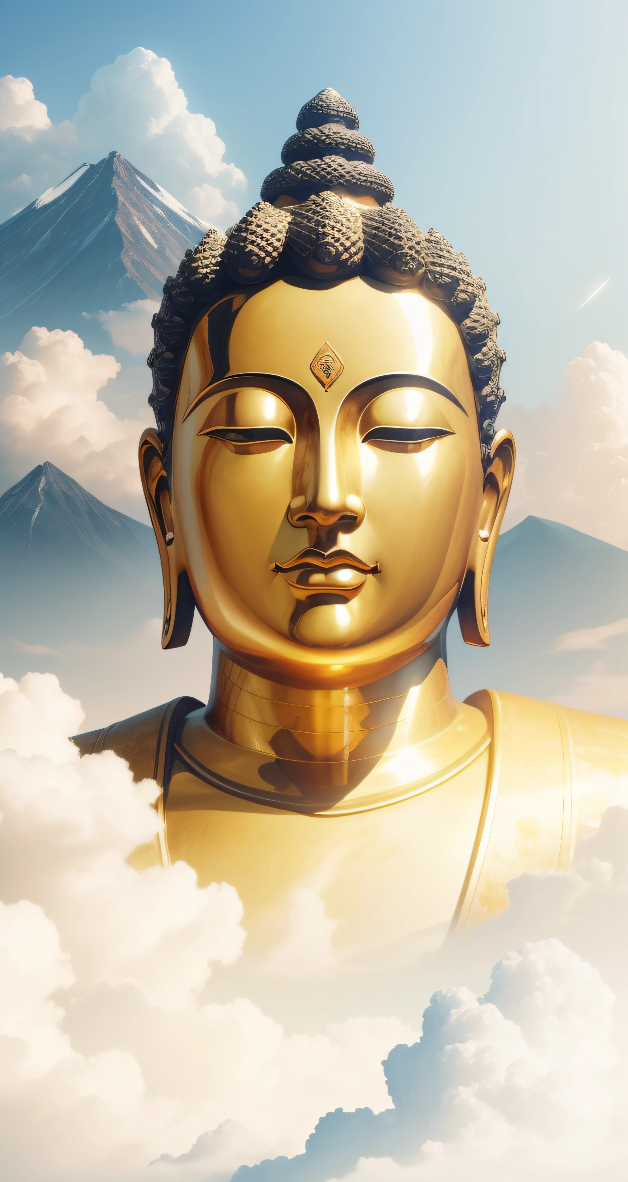 with blue sky and white clouds,There is brilliant sunshine, Behind is the big mountain,a Buddhist Buddha, Buddhist, Buddha, beautiful gold saint, A male god ,Powerful male god,Golden face,Golden skin,Buddhism, background-image, enlightening, Cloud, Enlightened, Beautiful image, samsara, Spiritual enlightenment, Asian, leaked image, portrait of a heavenly god, Mist, Temple background, 4096,author:David Burton-Richardson, attractive male deity, On the road to enlightenment,inspired by Chen Jiru, inspired by Tawaraya Sōtatsu, inspired by Ma Quan, inspired by Kaigetsudō Anchi, God Lisa Hannigan, Inspired by Yang Buzhi, Jaya Sulberg, inspired by Kaigetsudō Ando,8K quality,Master handwriting,hyper HD,Ebony Gold AI masterpiece, Best quality, High quality, high resolution, (((Beautiful detailed sky))), magnifica, cottage, Grand(Magnificent, splendid), sight(View), Spectacular spectacle, k hd, ((Best shadow)), Realistic, Nature, scenery, Cloud, Mountain, Grass, Rock music, hill, cliff, tree, pedestrian walkway, background only, nigh sky, Moonlight, ((Ultra-detailed)), (Best Illustration), ((An extremely delicate and beautiful)), Dynamic Angle, River, trail, bench, Highest quality image quality, Quiet,