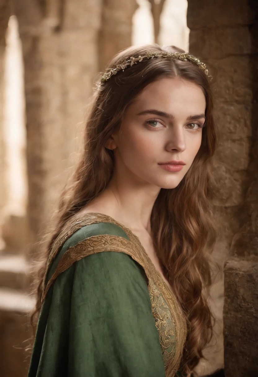 tez justa, mulher em torno de 19 anos, corpo inteiro, cabelos brancos naturais, olhos verdes distintos, vestindo kohl, slender and graceful, Beautiful, luz de velas em um ambiente medieval, Ultra sharp focus, tiro realista, roupas femininas medievais, cores tetradicas