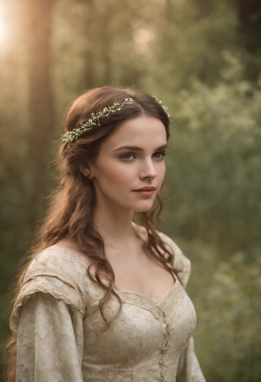 tez justa, mulher em torno de 19 anos, corpo inteiro, cabelos brancos naturais, olhos verdes distintos, vestindo kohl, slender and graceful, Beautiful, luz de velas em um ambiente medieval, Ultra sharp focus, tiro realista, roupas femininas medievais, cores tetradicas