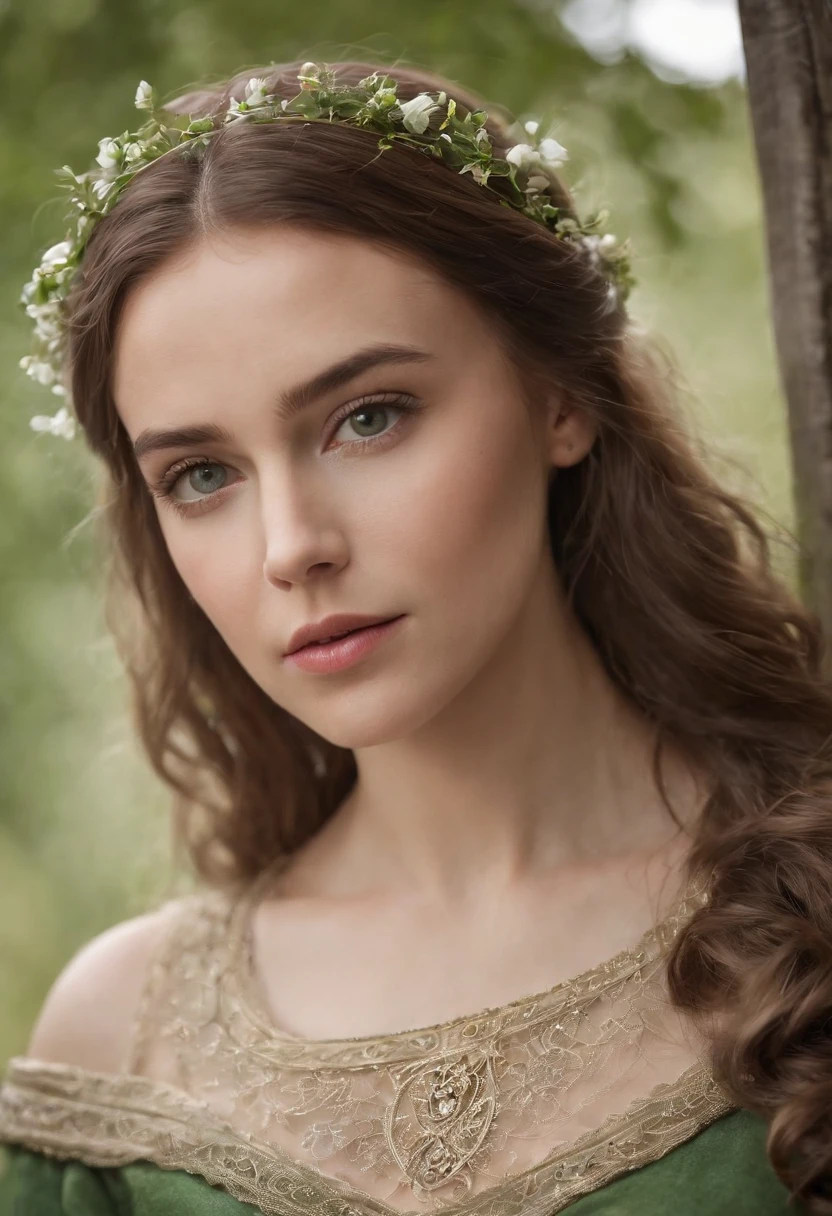 tez justa, mulher em torno de 19 anos, corpo inteiro, cabelos brancos naturais, olhos verdes distintos, vestindo kohl, slender and graceful, Beautiful, luz de velas em um ambiente medieval, Ultra sharp focus, tiro realista, roupas femininas medievais, cores tetradicas