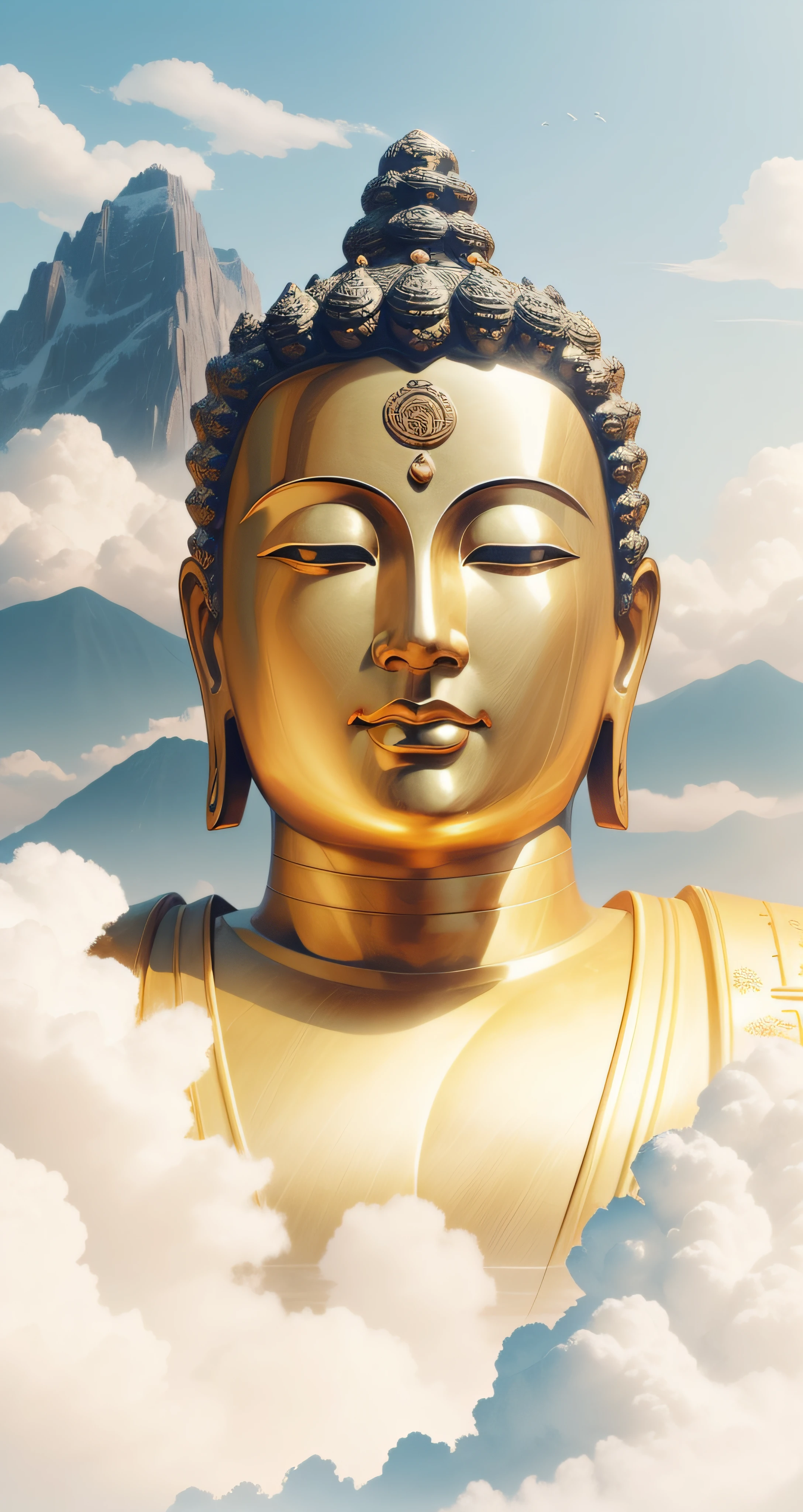 with blue sky and white clouds，There is brilliant sunshine, Behind is the big mountain，a Buddhist Buddha, Buddhist, Buddha, beautiful gold saint, A male god ，Powerful male god，Golden face，Golden skin，Buddhism, background-image, enlightening, Cloud, Enlightened, Beautiful image, samsara, Spiritual enlightenment, Asian, leaked image, portrait of a heavenly god, Mist, Temple background, 4096，author：David Burton-Richardson, attractive male deity, On the road to enlightenment，inspired by Chen Jiru, inspired by Tawaraya Sōtatsu, inspired by Ma Quan, inspired by Kaigetsudō Anchi, God Lisa Hannigan, Inspired by Yang Buzhi, Jaya Sulberg, inspired by Kaigetsudō Ando，8K quality，Master handwriting，hyper HD，Ebony Gold AI masterpiece, Best quality, High quality, high resolution, (((Beautiful detailed sky))), magnifica, cottage, Grand(Magnificent, splendid), sight(View), Spectacular spectacle, k hd, ((Best shadow)), Realistic, Nature, scenery, Cloud, Mountain, Grass, Rock music, hill, cliff, tree, pedestrian walkway, background only, nigh sky, Moonlight, ((Ultra-detailed)), (Best Illustration), ((An extremely delicate and beautiful)), Dynamic Angle, River, trail, bench, Highest quality image quality, Quiet,