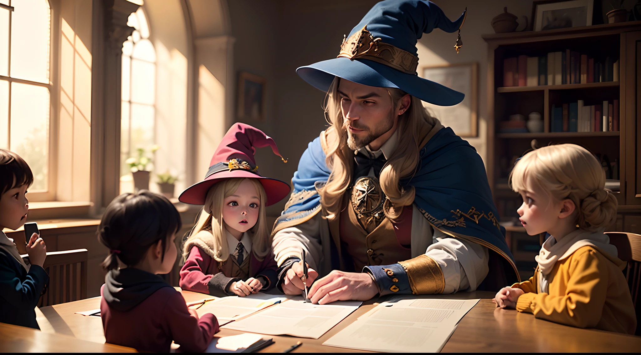 Create a wizard with a pointy hat teaching children