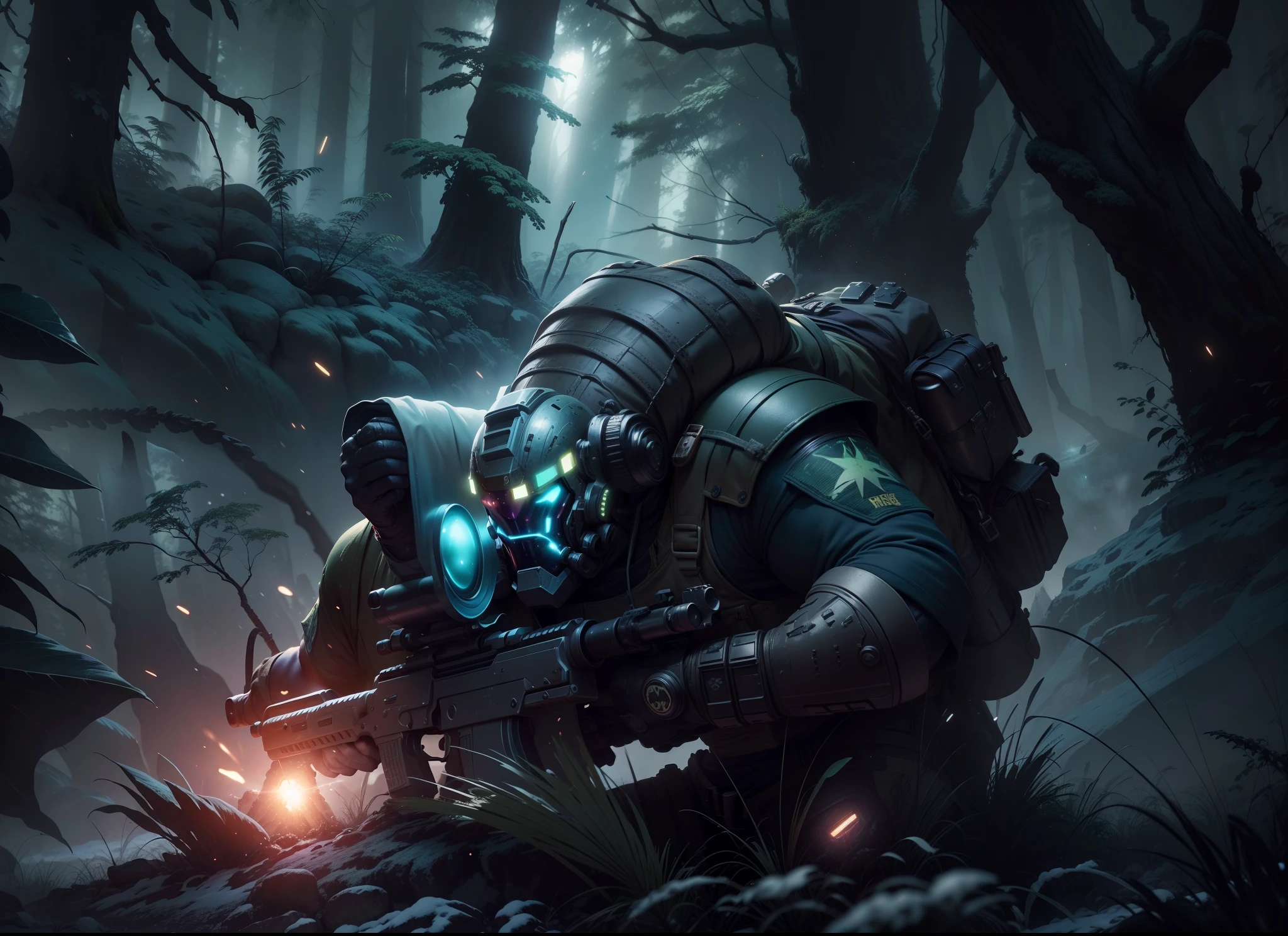 tuff guy survivalist, space marine uniform, budging muscles, helmet off, uniform torn, holding a futuristic rifle, dynamic pose, hunting a slimy black-green and purple alien creature in foreground, creature attacking, some alien pine forest cover rocky background, evening sky, stars and planets, on a snow covered alien planet, light snow falling with a bioluminescence, 24k resolution photorealistic hyperdetailed