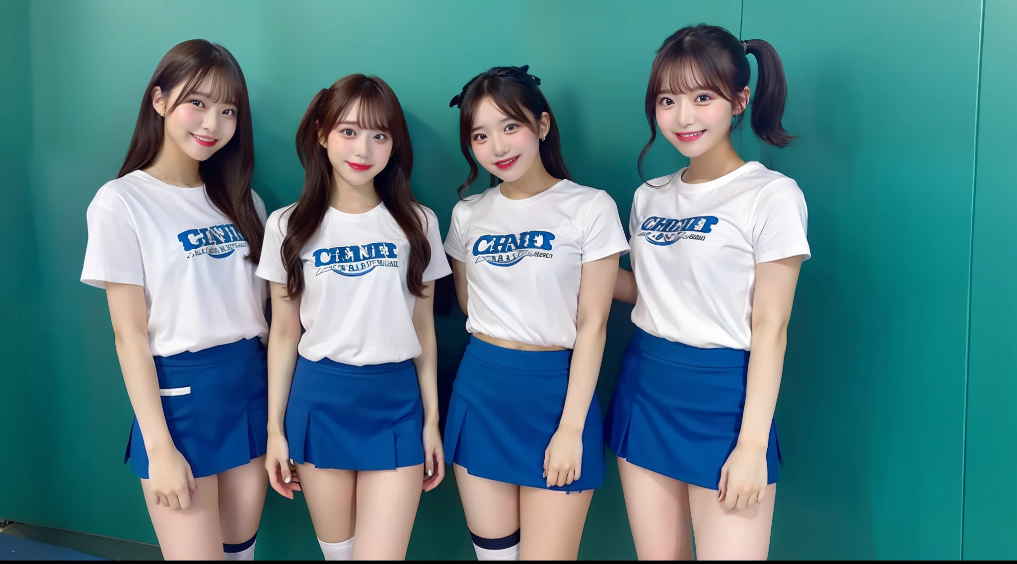 Cheergirl in blue mini skirt in white t-shirt