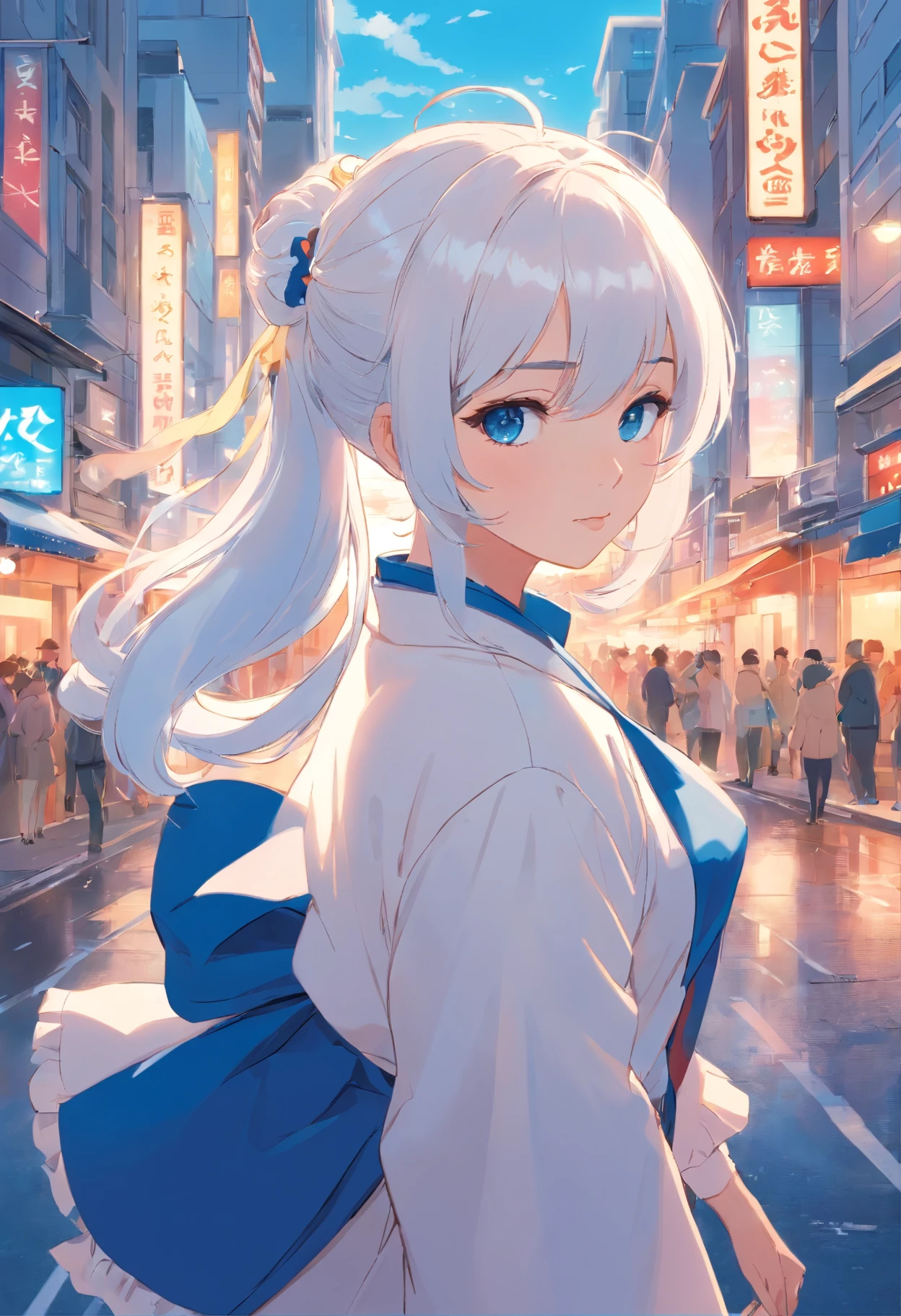 White color hair，Double ponytail curls，blue color eyes，White Lolita，Beth，A bustling city street