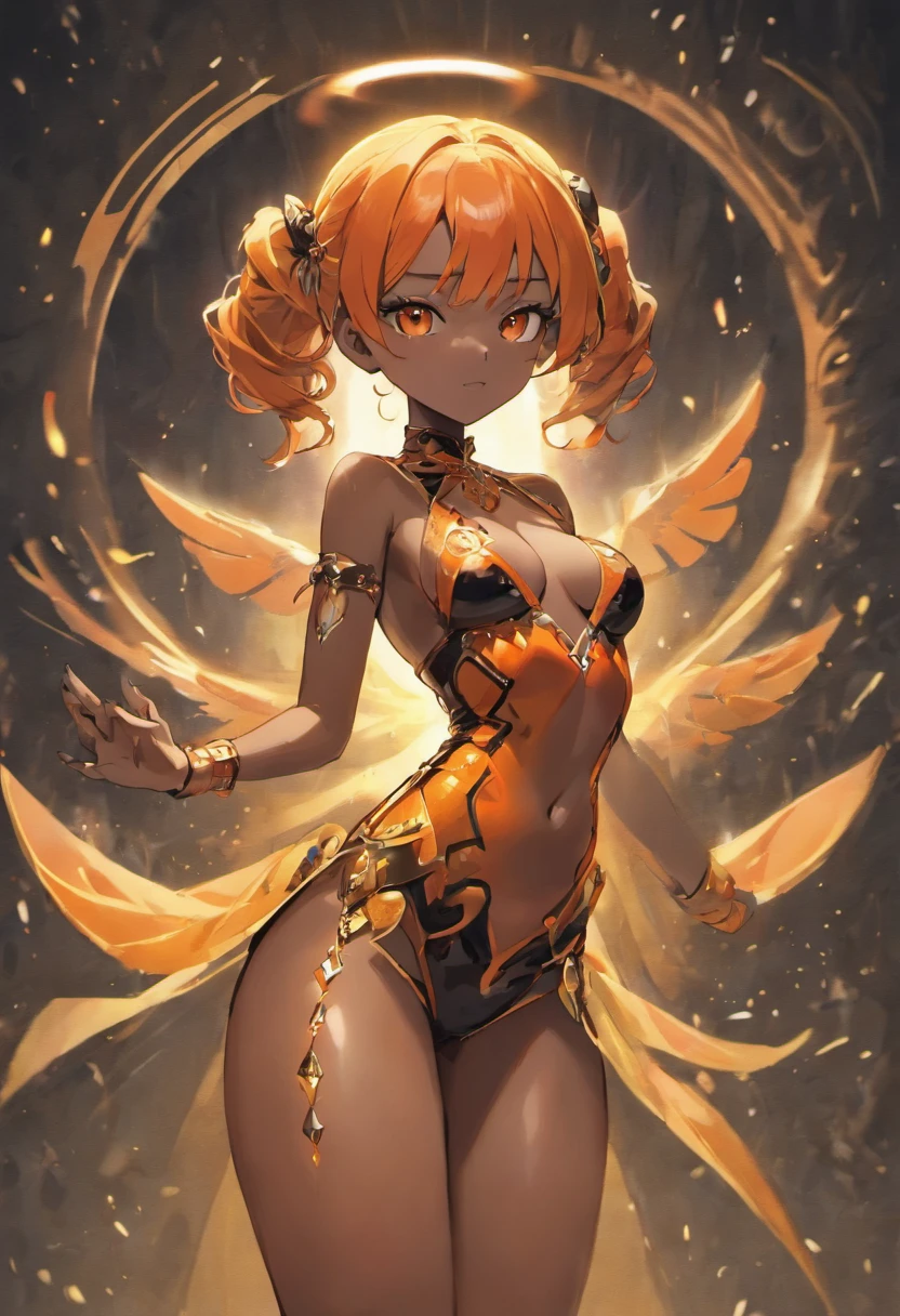 (dark-skinned female), (black and orange hair in twintails, hetrochromia orange and gold Almond shaped eyes , full lips, full breast , shapely ass, wide nubian concave nose, heart shaped strong physique, strong, alluring,)::10 (immortal, Guild leader, wearing black boots and sensual red and orange summer dress:1.2). Wears a red tattoo of a Stylistic 'R' on her abdomen. Her right hand on hip with left hand glowing in a ghastly spiritual power. She has a strong magnificent body emmiting a visible silver aura., )::4 (masterpiece), high quality, Octane Render, intricate, intricate details, maximalist, highly detailed, finely detailed, ultra-detailed, The two-tone background features a busy festive futuristic street at night --