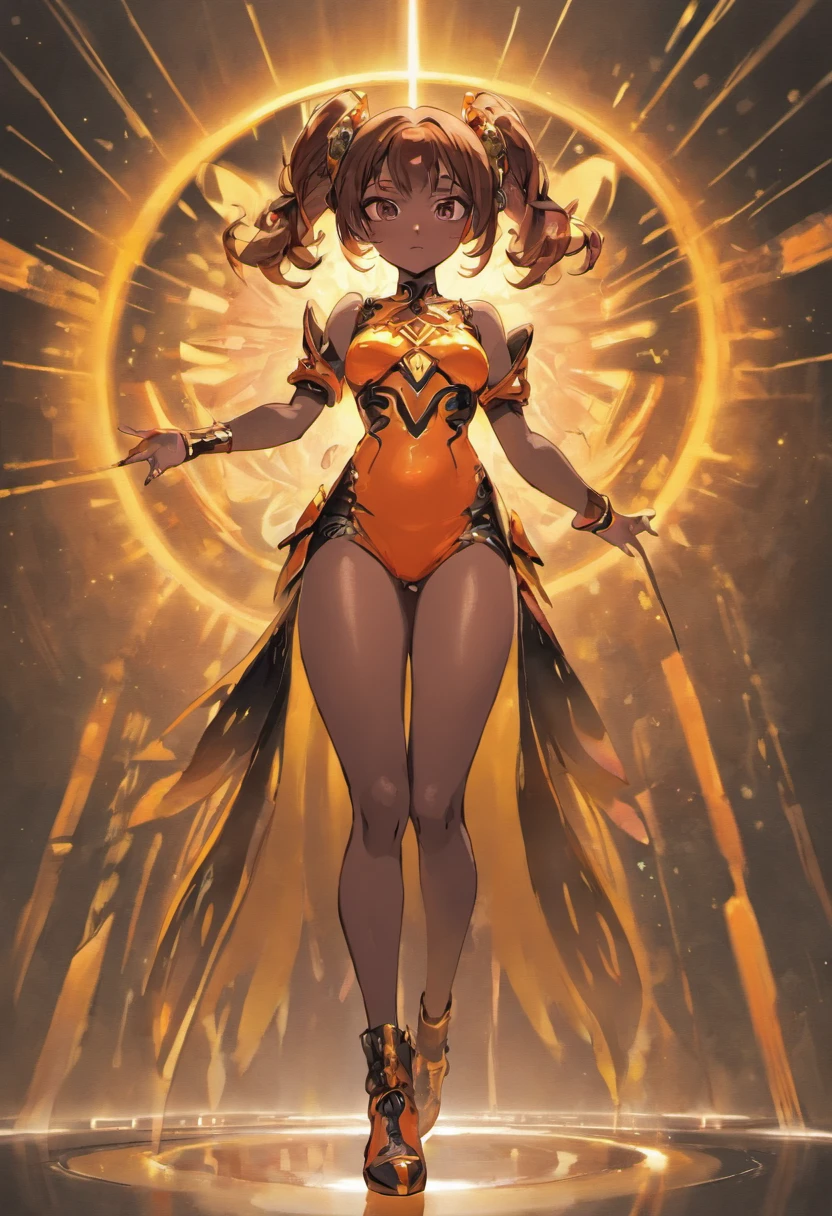 Connie maheswaran, (Masterpiece, ultra-detailed, best quality, highre, ,(((( dark-skinned female))), draagon girl, 25-year-old, Mahagony-skinned, darkskin, , convexed hooked nose, statuesque oblong-shaped face,vivacious black irises, , tone hourglass physique, alluring,(( large breasts, large butt, heart hips, long, toned legs)), taut ,carnal, strong body,Black eyes ,jet black braid hair, prominent ((excited fighter overlooking a battle arena city with hands in her pockets, looking over her shoulder)), (fire-red ankle-length half skirt buckled at her navel, open at the front revealing earth-colored high-thigh shorts, A black and red stripped button crop top with a ribbon-length vest. Both trimmed with gold.) (brown and red Forearm bands, painted nails laced up flats} (hair in a top dragon braid held by an stone flame ornament.}BREAK (( flame, arena, fiery two tone background)), ((Beautiful detailed city, energetic and fast pace atmosphere )) , hyper-stylistic, 5k, 77 gigapixels, , ultra-detailed, unreal 5,2.5d, , ultra-HD} ,Connie Maheswaran,