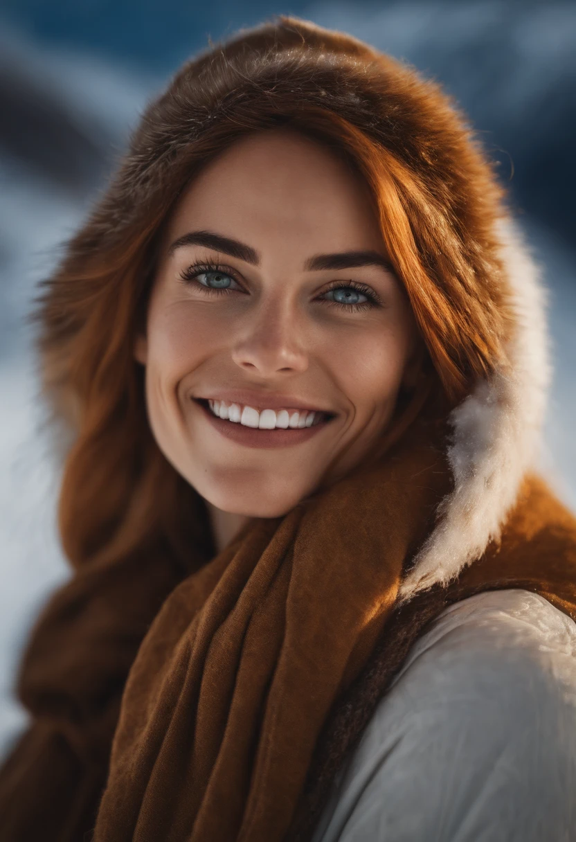 portrait of beautiful smiling woman with some freckles, snow-covered mountain landscape background,perfect eyes, dramatic lighting, golden ratio details aesthetic octane render excellent composition natural textures 8k masterpiece canon eos r4s 50, perfect eyes
