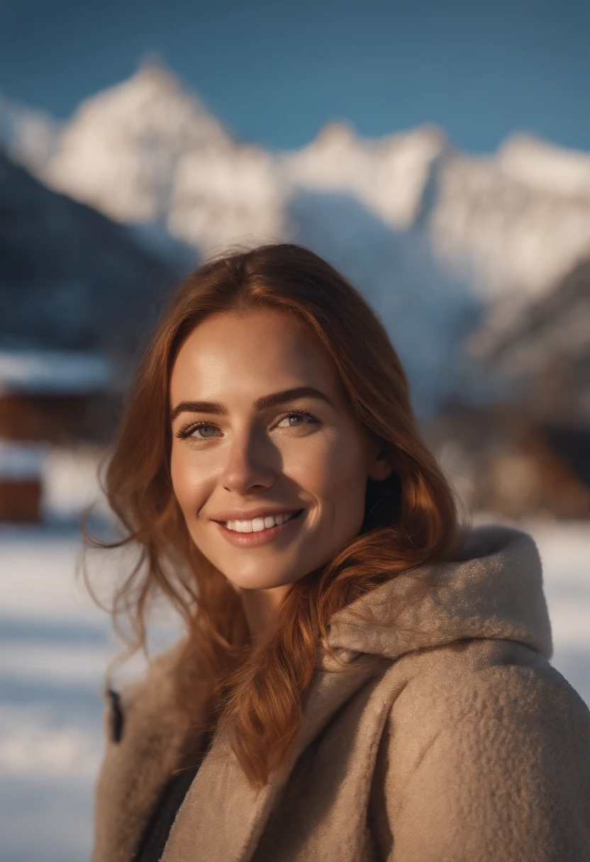 portrait of beautiful smiling woman with some freckles, snow-covered mountain landscape background,perfect eyes, dramatic lighting, golden ratio details aesthetic octane render excellent composition natural textures 8k masterpiece canon eos r4s 50, perfect eyes
