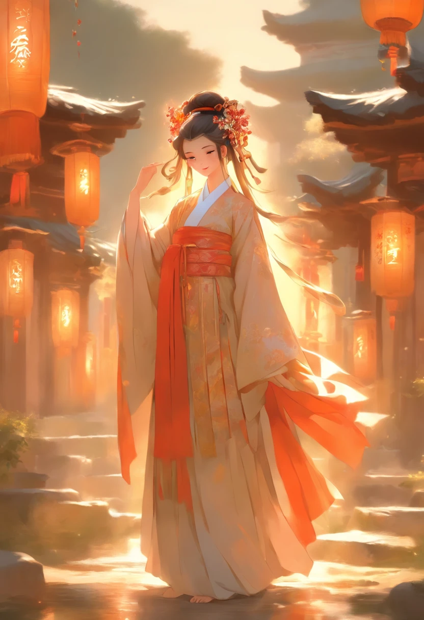 In a quiet village，A young girl dressed in antique costume stands in front of an ancient temple。She looked up at the huge figure of the god high in the sky，The figure of the god is majestic and majestic，As if beyond the mortal dust。The god is a young man，He wears a gorgeous Hanfu，Manners are varied，Its appearance is incomparably huge，It's like a god。

The girl's eyes revealed awe and piety，Her hands were gently clasped，Endless respect for the gods。In this peaceful village，The presence of gods brings peace and hope to people。His tall figure stood above the village，Like a guardian，Bring blessing and shelter to people。

The whole scene is filled with an atmosphere of antiquity，It exudes a mysterious and sacred light。The costumes of the girls and the image of the gods show a strong atmosphere of ancient style，It is as if you have traveled back in time and space。This picture is full of power and beauty，It is awe and moving。