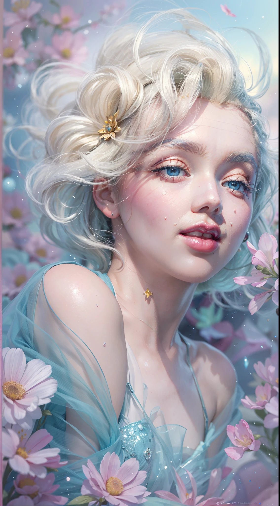 ((masterpiece)). This artwork is sweet, dreamy and ethereal, with soft sky blue watercolor hues and candy accents. Generate a delicate and demure fae exploring a (flowers world with a wide variety of pastel shades). Her sweet face is extremely detailed and realistic with elegant features and a fierce expression, and looks like ((((Marilyn Monroe)))). Include mature features and stunning, highly realistic eyes. Her eyes are important and should be realistic, highly detailed, and beautiful. In high definition and detail, include lots of details like stars, galaxies, colorful bubbles, colorful petals, and lots of energy and emotion! enhanced details, iridescence, colorful glittering wind, and pollen. Pay special attention to her face and make sure it is beautifully and realistically detailed. The image should be dreamy and ethereal.8k, intricate, elegant, highly detailed, majestic, digital photography