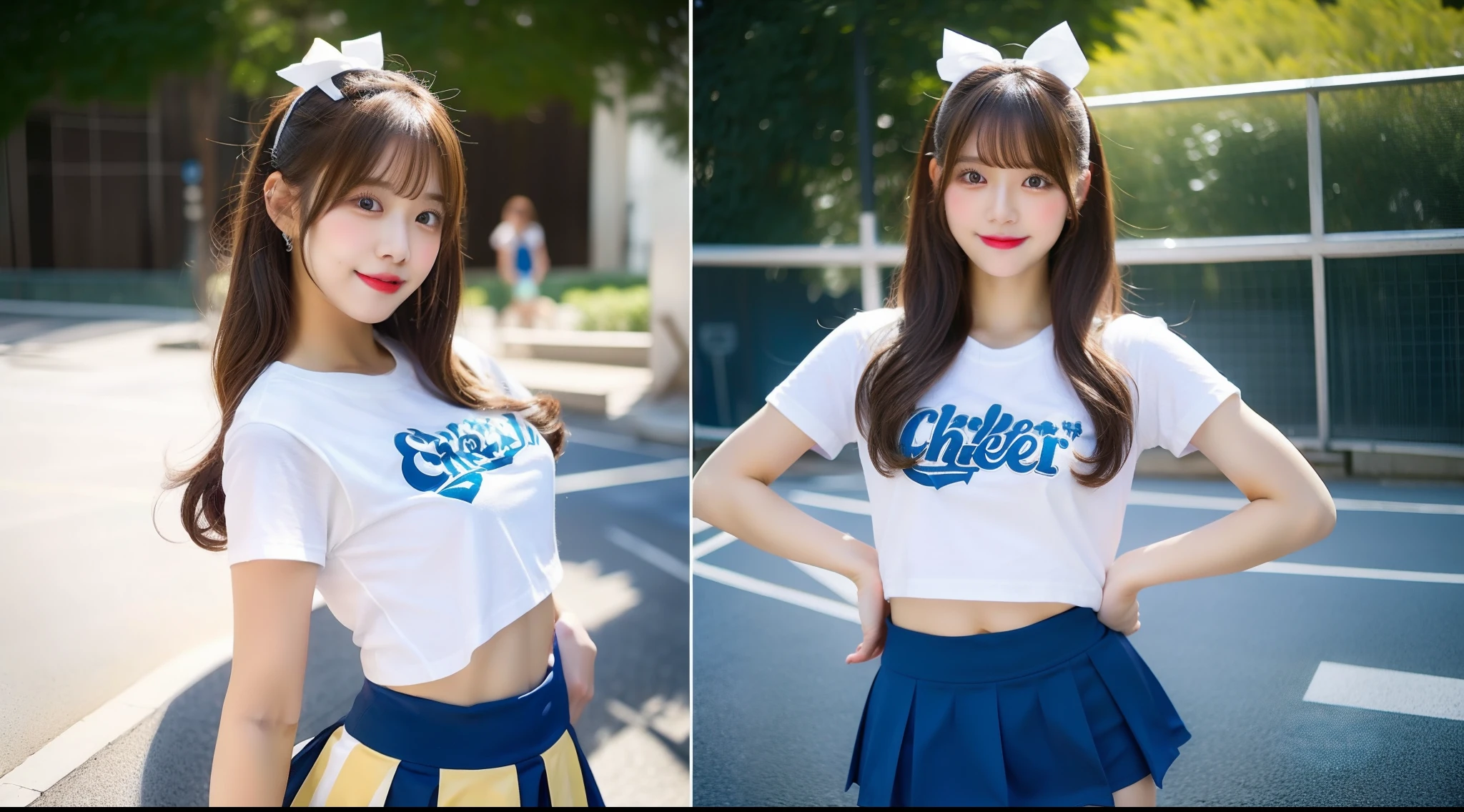 Cheergirl in blue mini skirt in white t-shirt