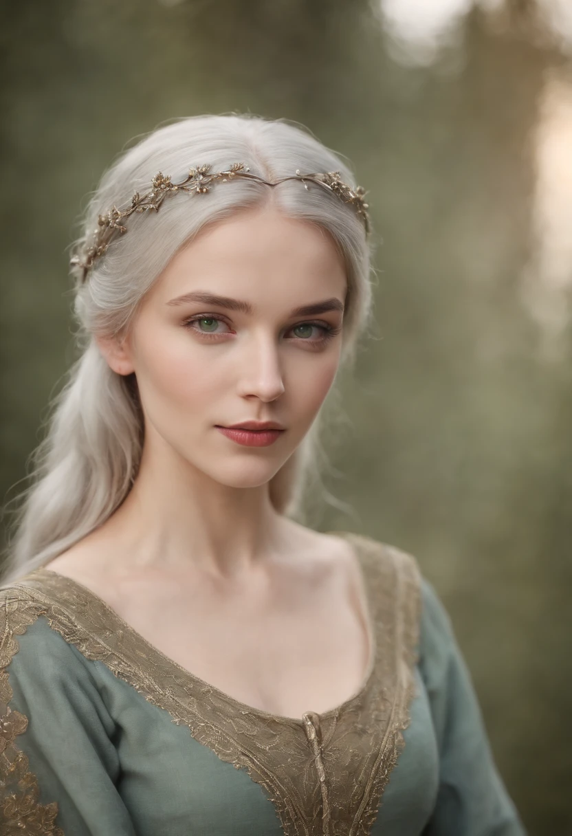 white complexion, A woman around 19 years old, full bodyesbian, Natural gray hair, Unique green eyes, Wear Cole, Slender and graceful, Beautiful, Candlelight in a medieval setting, super sharp focus, Realistic shooting, Medieval women's clothing, Quaternion