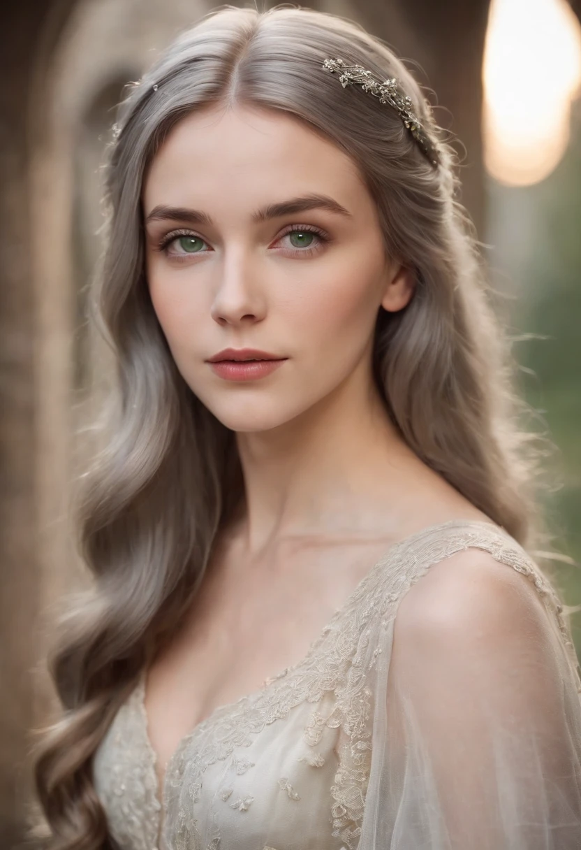 white complexion, A woman around 19 years old, full bodyesbian, Natural gray hair, Unique green eyes, Wear Cole, Slender and graceful, Beautiful, Candlelight in a medieval setting, super sharp focus, Realistic shooting, Medieval women's clothing, Quaternion