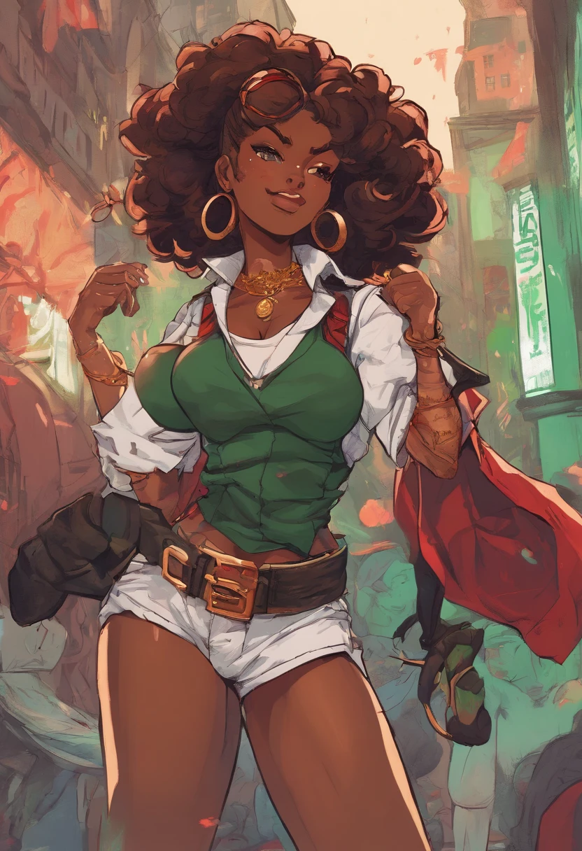 high resolution thick-line fighting game character splash-art (dark-skinned female) , nubian button nose, heart shaped face, full lips, green curly hair, . Wood tone skin, emerald eyes, soft physique, medium square body type, full breast, heart shaped rear, curvy hips :: (Urban style white and mint mid-drif tblouse, green tie, a black fllowing knee high suspender skirt, some white socks and black combat boots and some red weighted gloves, ) ( gold chain with quil pen hanging) BREAK (20 years-old, runaway heiress, cocky, newbie adventurer fighter and guild member, cunning and excitable, magic writer, ) BREAK(masterpiece), The style is inspired by Rival Schools, and the art is by Edayn and Alex "oh8" Ahmed. The two-tone background features an evening sun cascading over a futuristic urban city festival