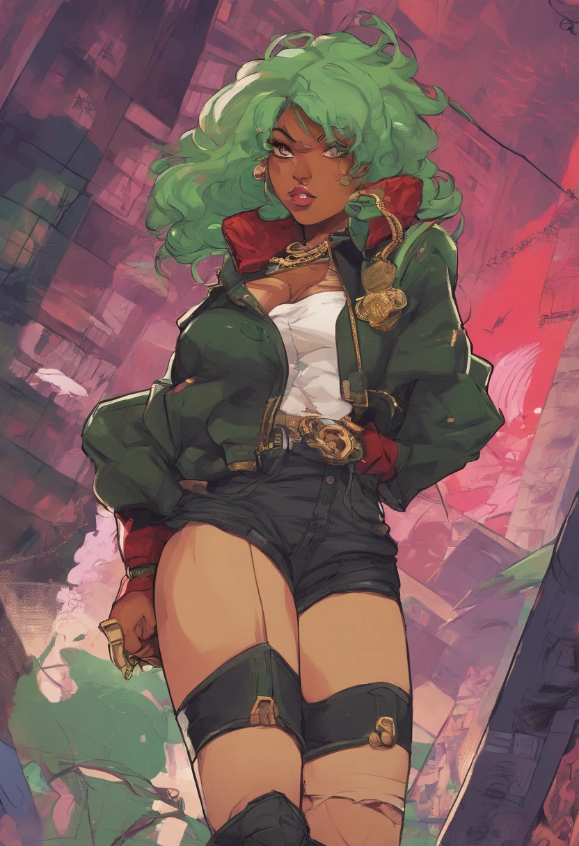 high resolution thick-line fighting game character splash-art (dark-skinned female) , nubian button nose, heart shaped face, full lips, green curly hair, . Wood tone skin, emerald eyes, soft physique, medium square body type, full breast, heart shaped rear, curvy hips :: (Urban style white and mint mid-drif tblouse, green tie, a black fllowing knee high suspender skirt, some white socks and black combat boots and some red weighted gloves, ) ( gold chain with quil pen hanging) BREAK (20 years-old, runaway heiress, cocky, newbie adventurer fighter and guild member, cunning and excitable, magic writer, ) BREAK(masterpiece), The style is inspired by Rival Schools, and the art is by Edayn and Alex "oh8" Ahmed. The two-tone background features an evening sun cascading over a futuristic urban city festival
