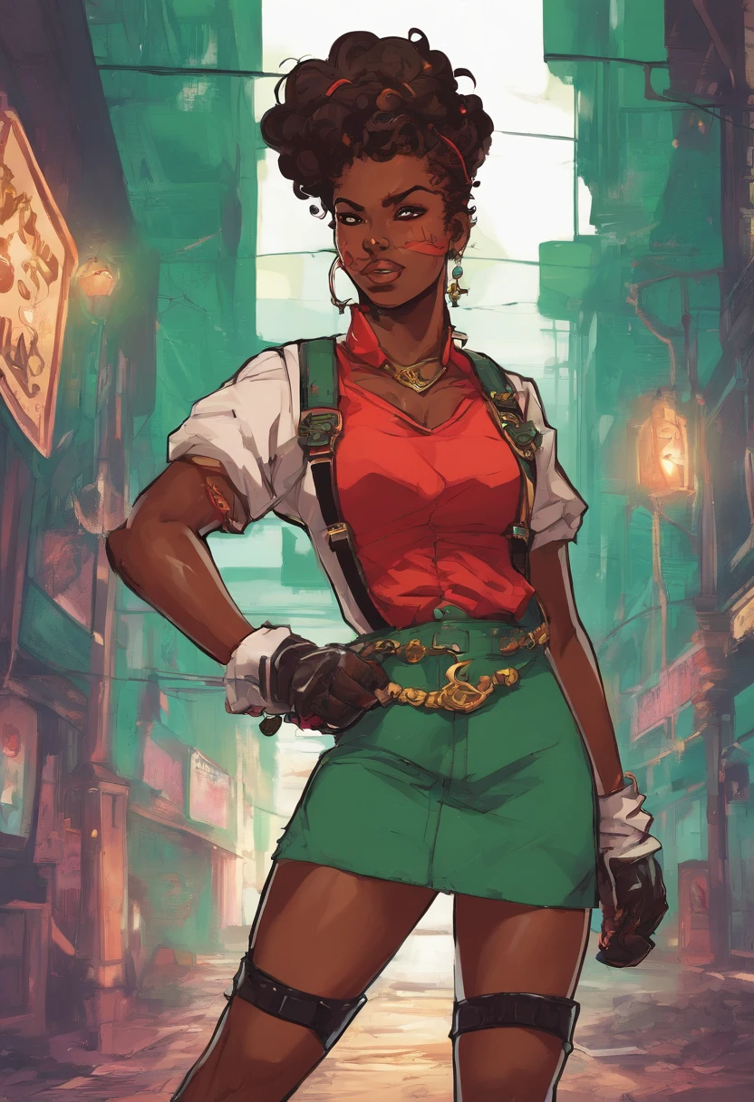 high resolution thick-line fighting game character splash-art (dark-skinned female) , nubian button nose, heart shaped face, full lips, green curly hair, . Wood tone skin, emerald eyes, soft physique, medium square body type, full breast, heart shaped rear, curvy hips :: (Urban style white and mint mid-drif tblouse, green tie, a black fllowing knee high suspender skirt, some white socks and black combat boots and some red weighted gloves, ) ( gold chain with quil pen hanging) BREAK (20 years-old, runaway heiress, cocky, newbie adventurer fighter and guild member, cunning and excitable, magic writer, ) BREAK(masterpiece), The style is inspired by Rival Schools, and the art is by Edayn and Alex "oh8" Ahmed. The two-tone background features an evening sun cascading over a futuristic urban city festival