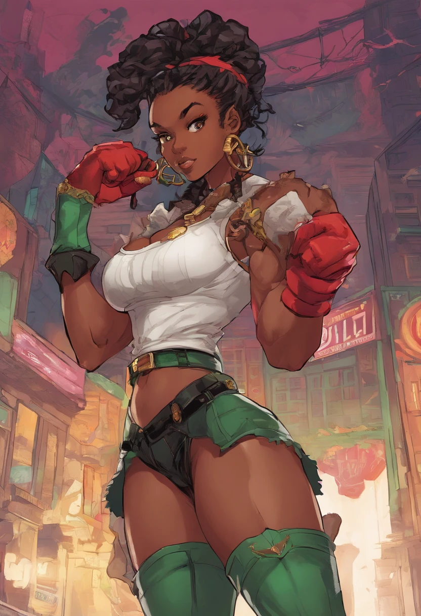 high resolution thick-line fighting game character splash-art (dark-skinned female) , nubian button nose, heart shaped face, full lips, green curly hair, . Wood tone skin, emerald eyes, soft physique, medium square body type, full breast, heart shaped rear, curvy hips :: (Urban style white and mint mid-drif tblouse, green tie, a black fllowing knee high suspender skirt, some white socks and black combat boots and some red weighted gloves, ) ( gold chain with quil pen hanging) BREAK (20 years-old, runaway heiress, cocky, newbie adventurer fighter and guild member, cunning and excitable, magic writer, ) BREAK(masterpiece), The style is inspired by Rival Schools, and the art is by Edayn and Alex "oh8" Ahmed. The two-tone background features an evening sun cascading over a futuristic urban city festival