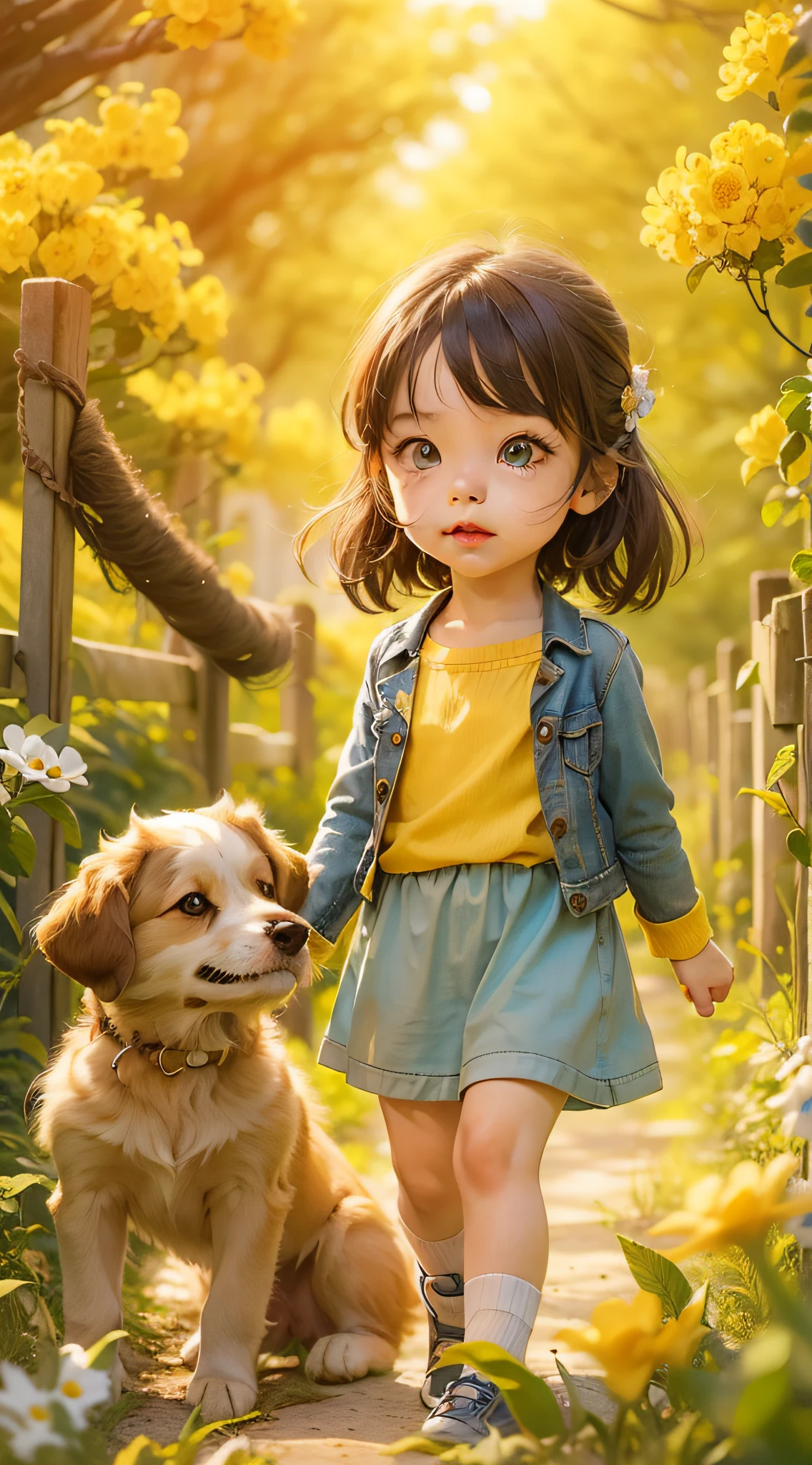 Arafed little girl walking with a dog in a field of flowers - SeaArt AI