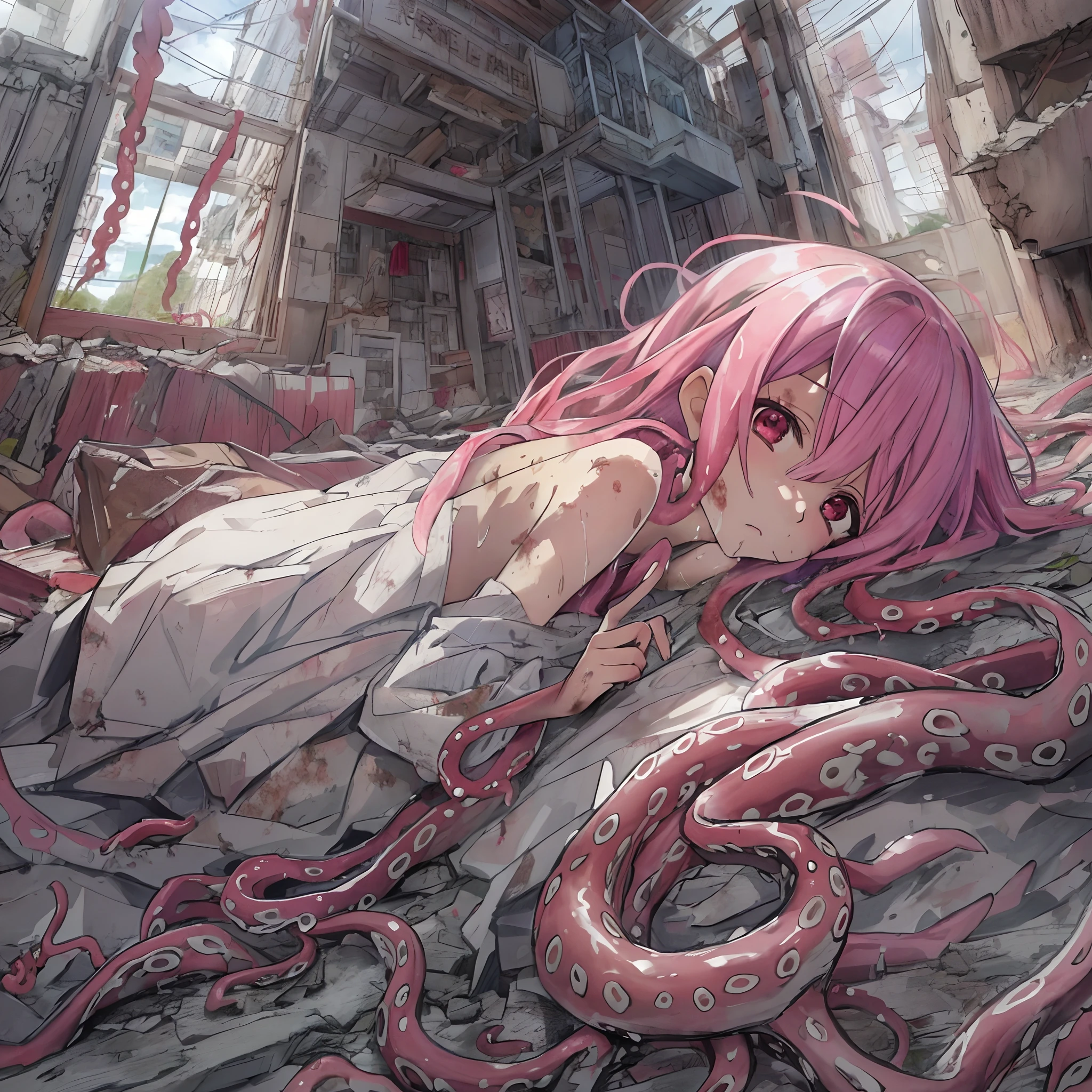 absurderes, hight resolution, (Anime style:1.1), ((masutepiece)), ((Best Quality)), (Ultra-detailed), (Beautiful), 独奏, Beautiful face、(liftup),Cute girl lying on her back in a dirty ruin,Wind,Pink hair, Fine red eyes,(fullnude:1.4),Ephemeral,Closed eyes,Looking at Viewer,Dramatic、(full body Esbian)、low angles、14years、(tentacles, Tentacle Sex, vaginal:1.2)、(Love Juice)、from the rear