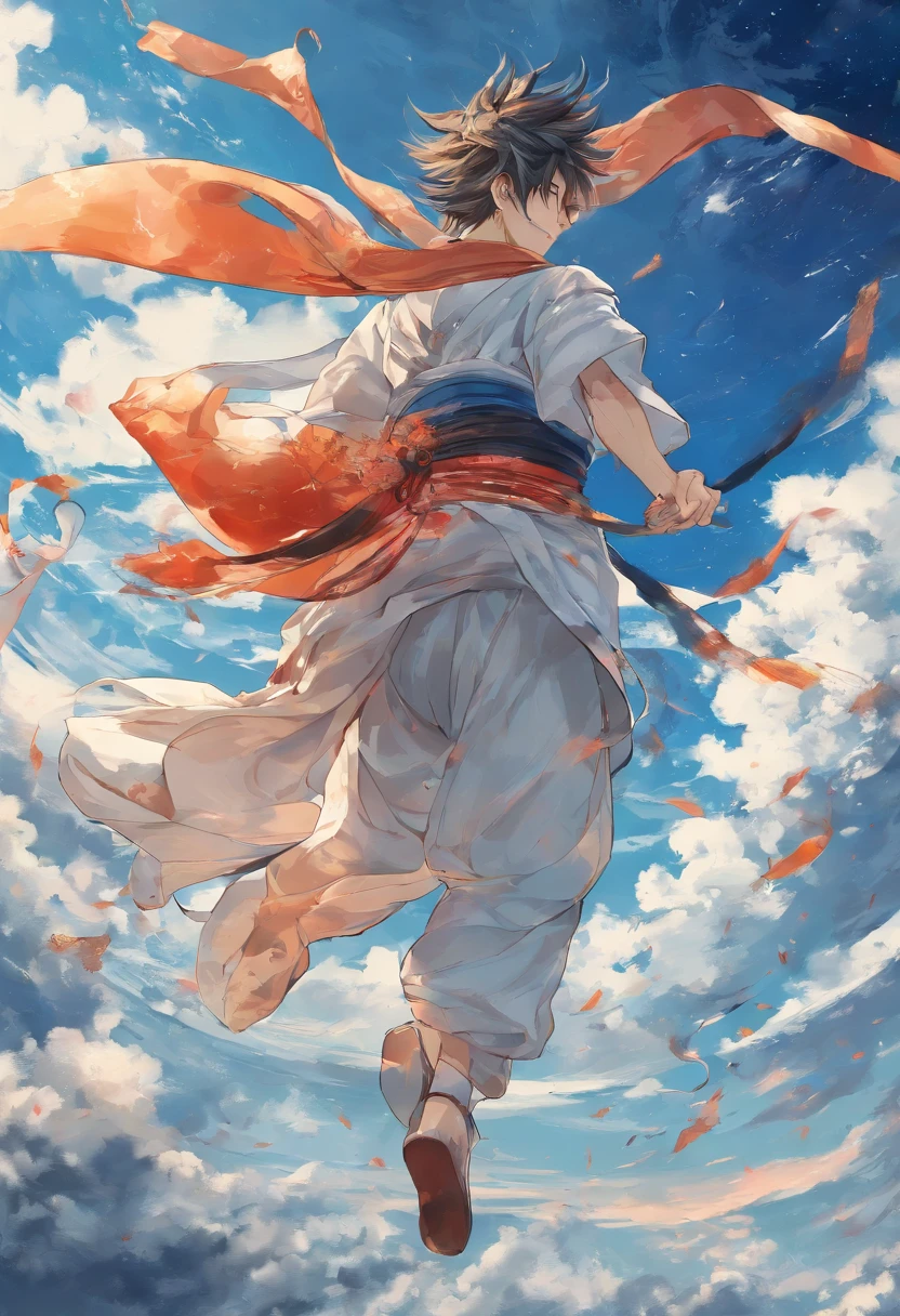 {{​master piece}},Works of masters，best qualityer,illustration,Wukong，flight，Somersault clouds，(((((falling from the sky))))),((Weathering With You)),((falling)),((face towards the sky))，(hair flows upwards),((disheveled hair)),floating, beautiful detailed sky