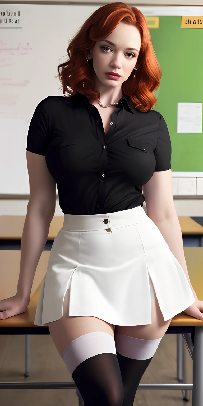(Christina Hendricks:1.4),with glasses,((unbuttoned red shrt,white skirt,black thighs stockings:1.6)),red hair,mideum long hair,sitting on table,((hard nipple:1.2)),(((see-through nipple:1.3))),(((realistic skin detail，high detailed breasts skin))),surlty pose,alluring,aroused,perfect legs,seducing,naughty face,(((golden ratio body))),((in the classroom,high detailed background:1.2)),big buttocks,(((huge sagging breasts, cleavage))), (((wide hips,thick legs:1.1))),(((cameltoe:1.2))),((thick thighs, hourglass figure)),  ((glossy red lips)), (((visible pubic hair))),(fair skin), photorealistic, photo, masterpiece, realistic, realism, photorealism, high contrast, ((natural lighting)), photorealistic digital art trending on Artstation 8k HD high definition detailed realistic, detailed, skin texture, hyper detailed, realistic skin texture, armature, best quality, ultra high res, (photorealistic:1.4),, high resolution, detailed, raw photo,eyecontact
