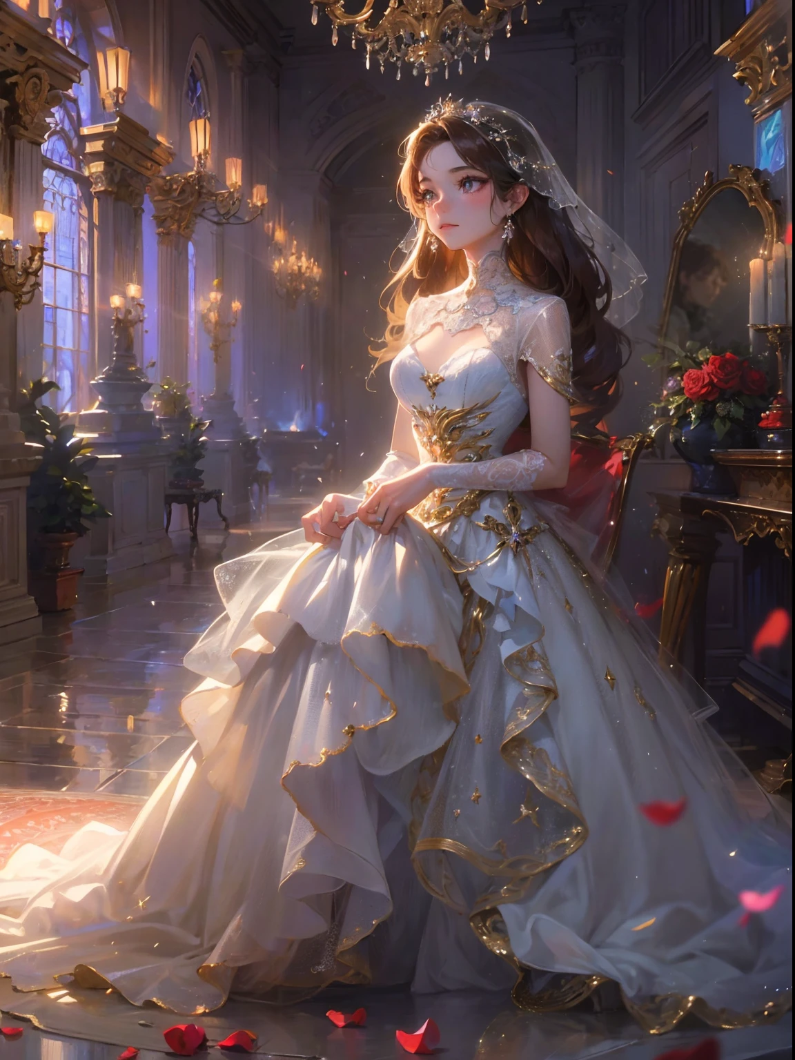 (((Masterpiece))), (((Best quality))), ((Ultra-detailed)),(Highly detailed CG illustration), ((An extremely delicate and beautiful)),Cinematic light, Create stunning fantasy artwork，A princess、blueneyes（Eyes detailed），long hair with maroon，baroque，Wedding dresses，rose petals，full bodyesbian，standing on your feet，cinematic rim light，The light is delicate，tmasterpiece，ultra - detailed，Epic composition，Super HD，high qulity，HighestQuali，32k