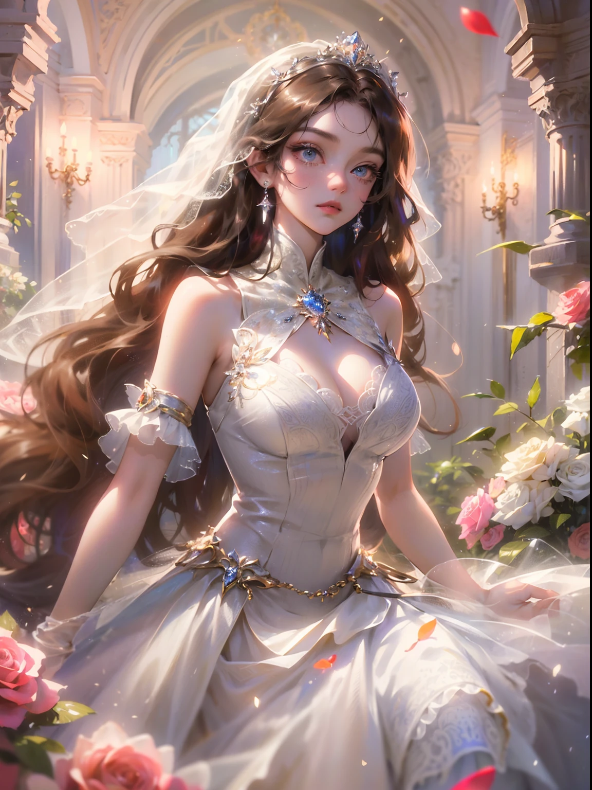 (((Masterpiece))), (((Best quality))), ((Ultra-detailed)),(Highly detailed CG illustration), ((An extremely delicate and beautiful)),Cinematic light, Create stunning fantasy artwork,A princess、blueneyes(Eyes detailed),long hair with maroon,baroque,Wedding dresses,rose petals,full bodyesbian,standing on your feet,cinematic rim light,The light is delicate,tmasterpiece,ultra - detailed,Epic composition,Super HD,high qulity,HighestQuali,32k